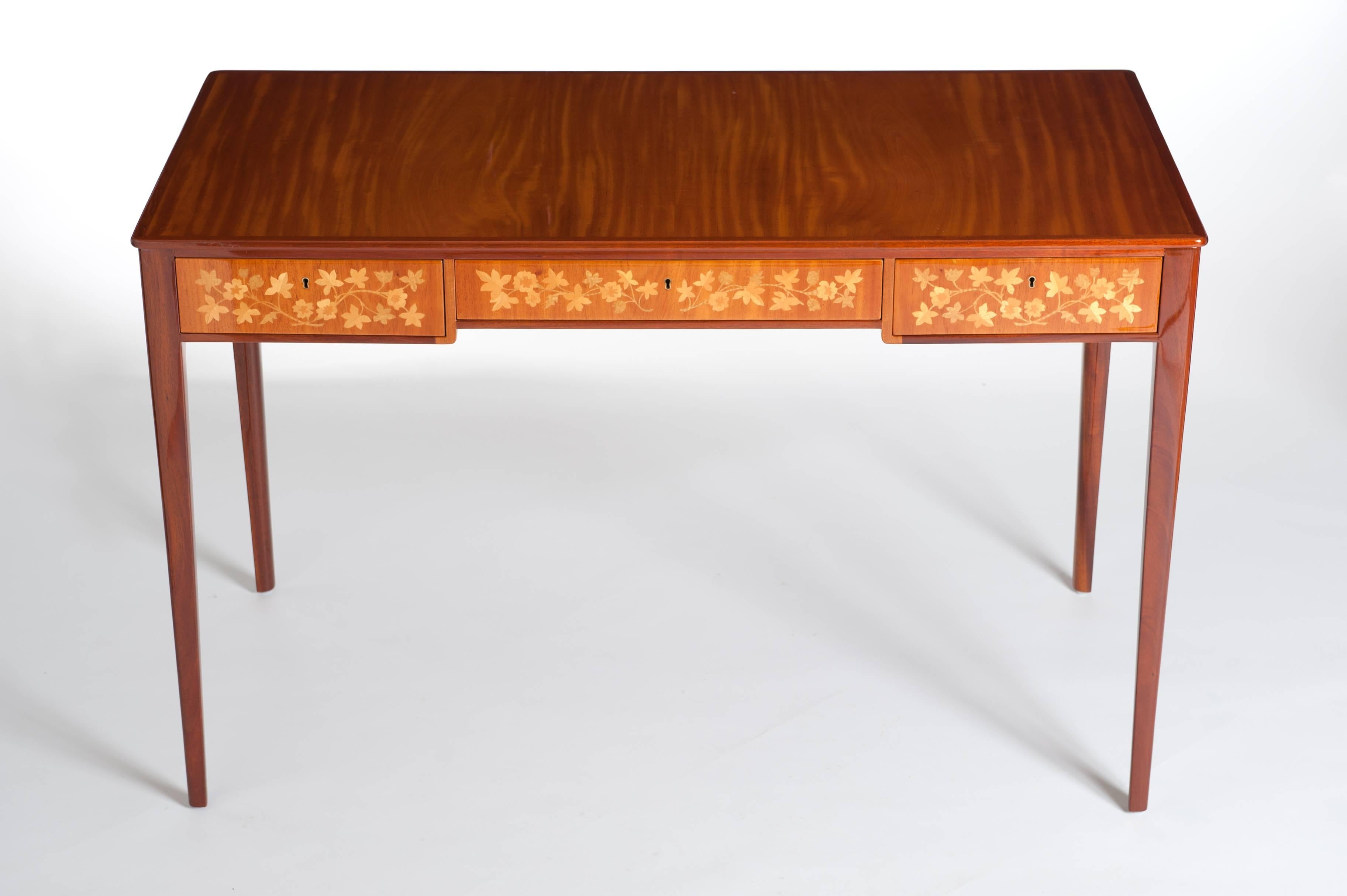 Art Deco Swedish Carl Malmsten Desk Bright Mahogany Wood with Marquetry from the 1930s