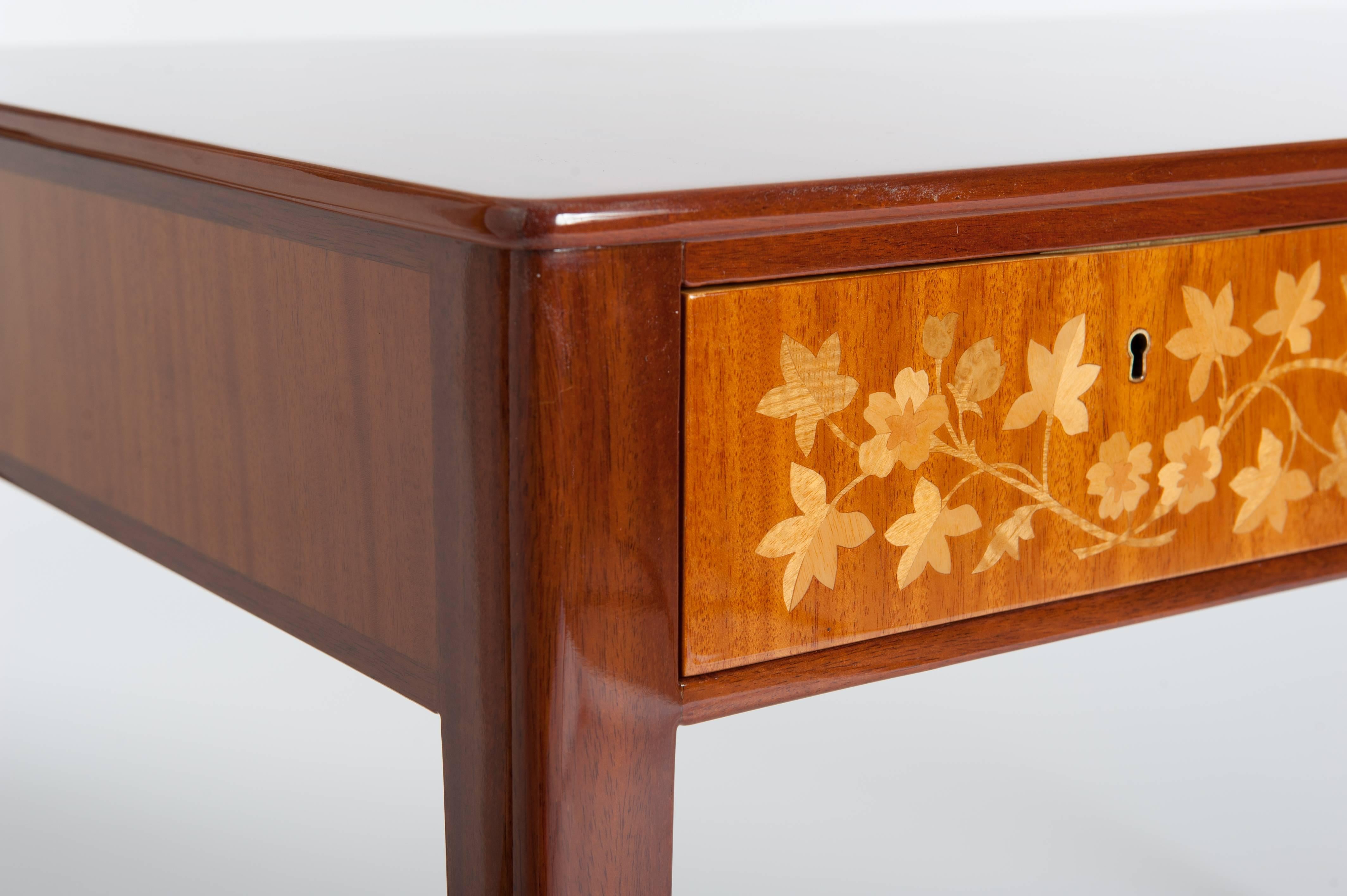 Hand-Crafted Swedish Carl Malmsten Desk Bright Mahogany Wood with Marquetry from the 1930s
