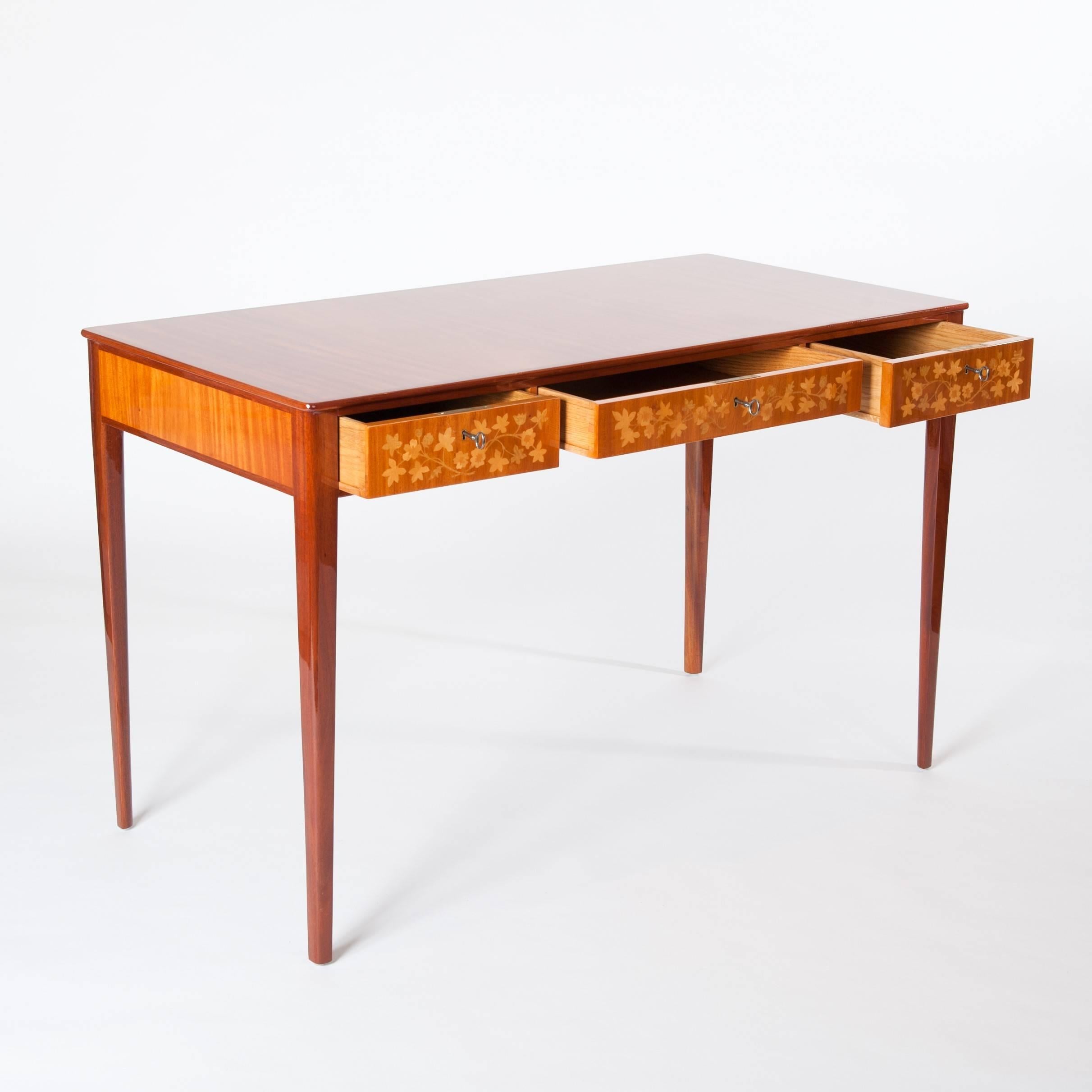 Swedish Carl Malmsten Desk Bright Mahogany Wood with Marquetry from the 1930s 2