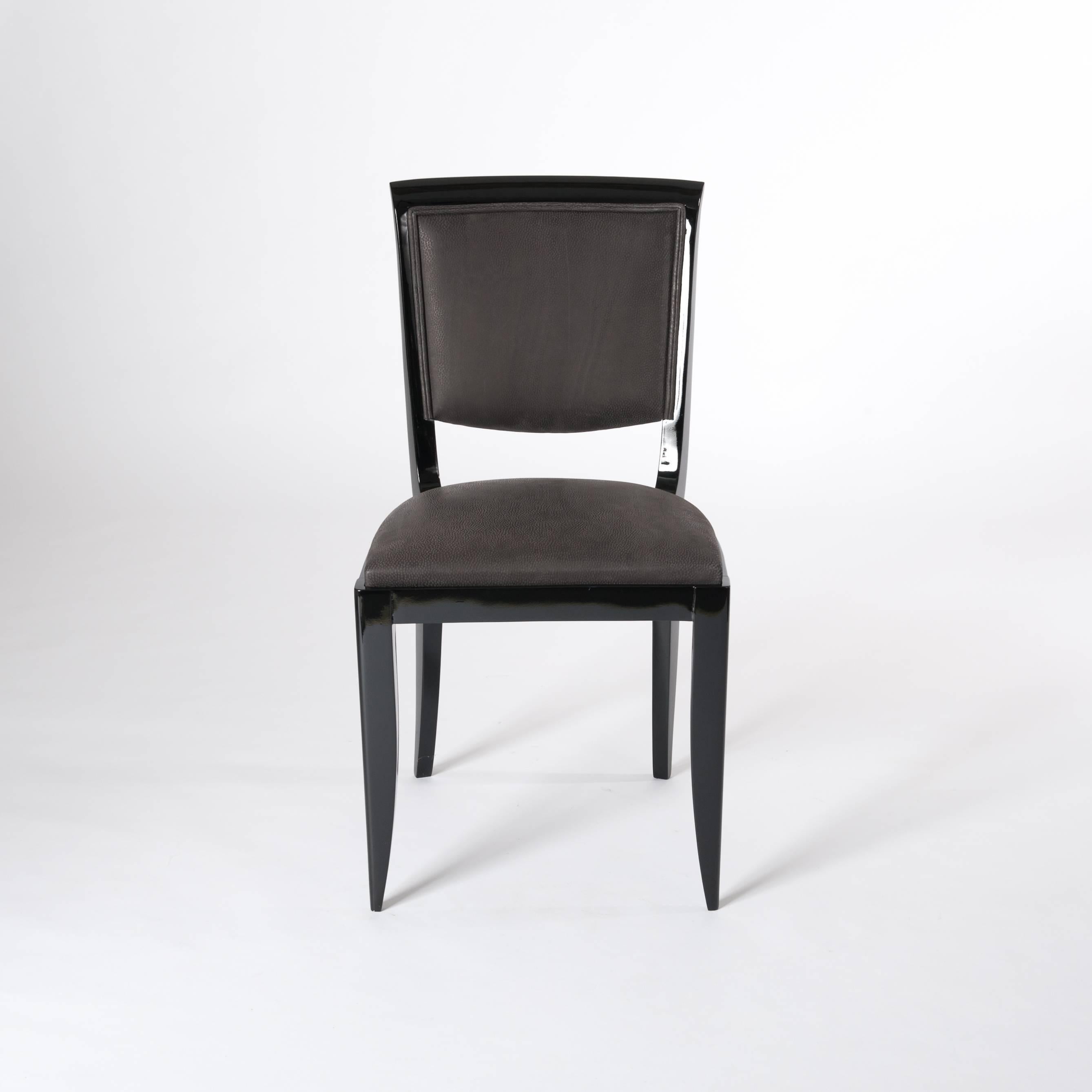 Hand-Crafted Six Black French Art Deco Dining Room Chairs Re-Lacquered and Re-Upholstered
