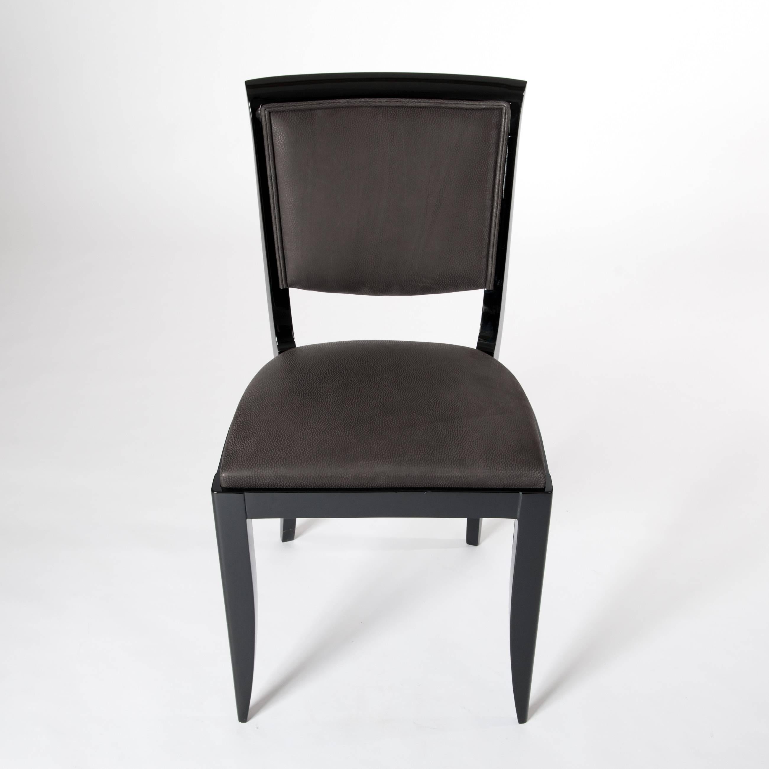 Six Black French Art Deco Dining Room Chairs Re-Lacquered and Re-Upholstered In Excellent Condition In Salzburg, AT