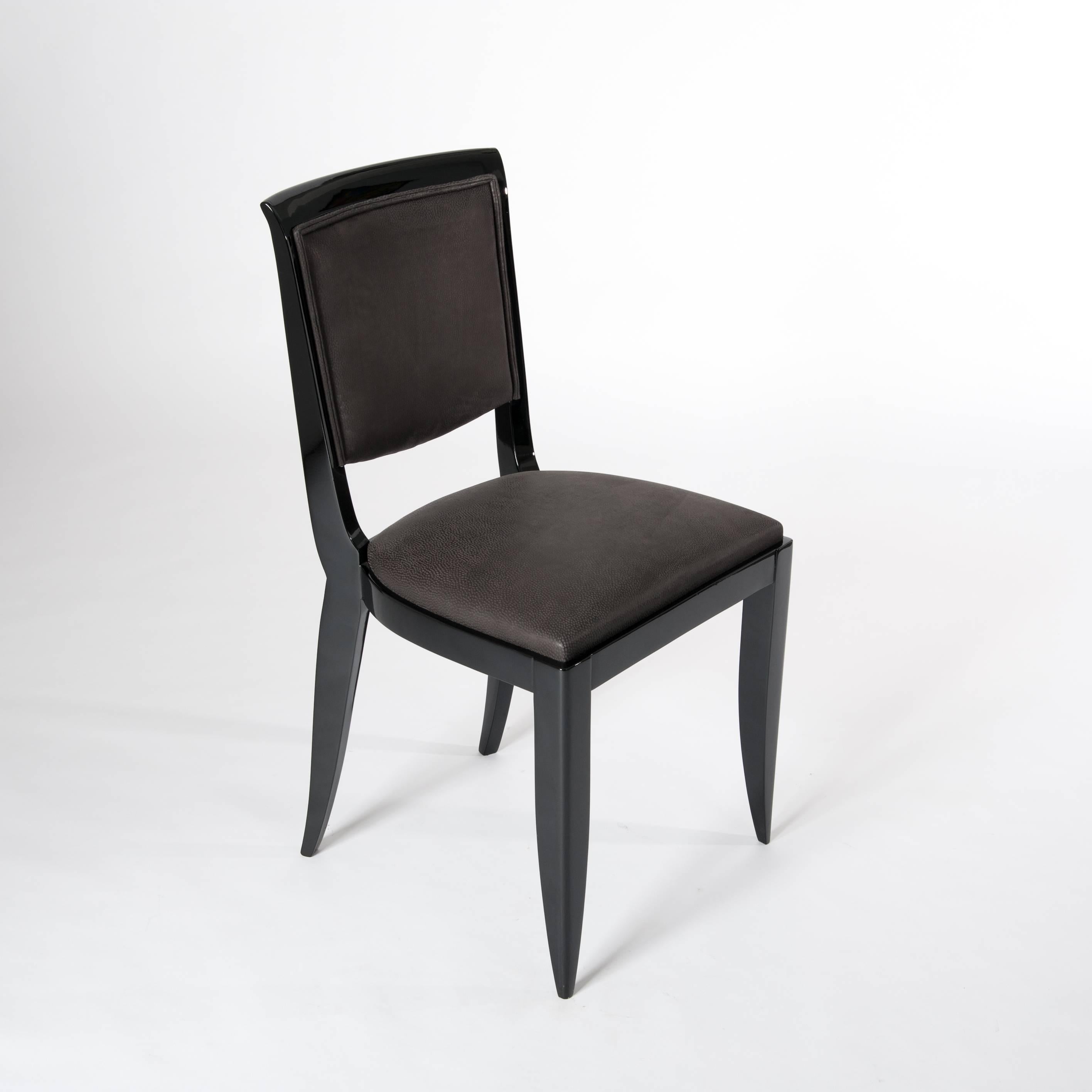 Early 20th Century Six Black French Art Deco Dining Room Chairs Re-Lacquered and Re-Upholstered