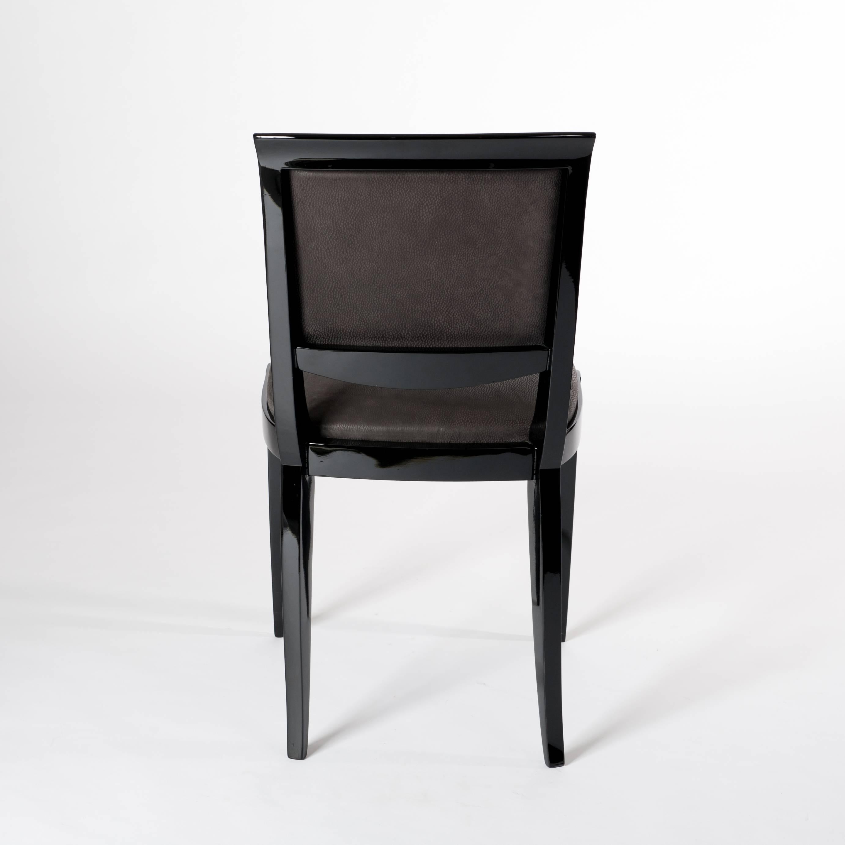 Six Black French Art Deco Dining Room Chairs Re-Lacquered and Re-Upholstered 4