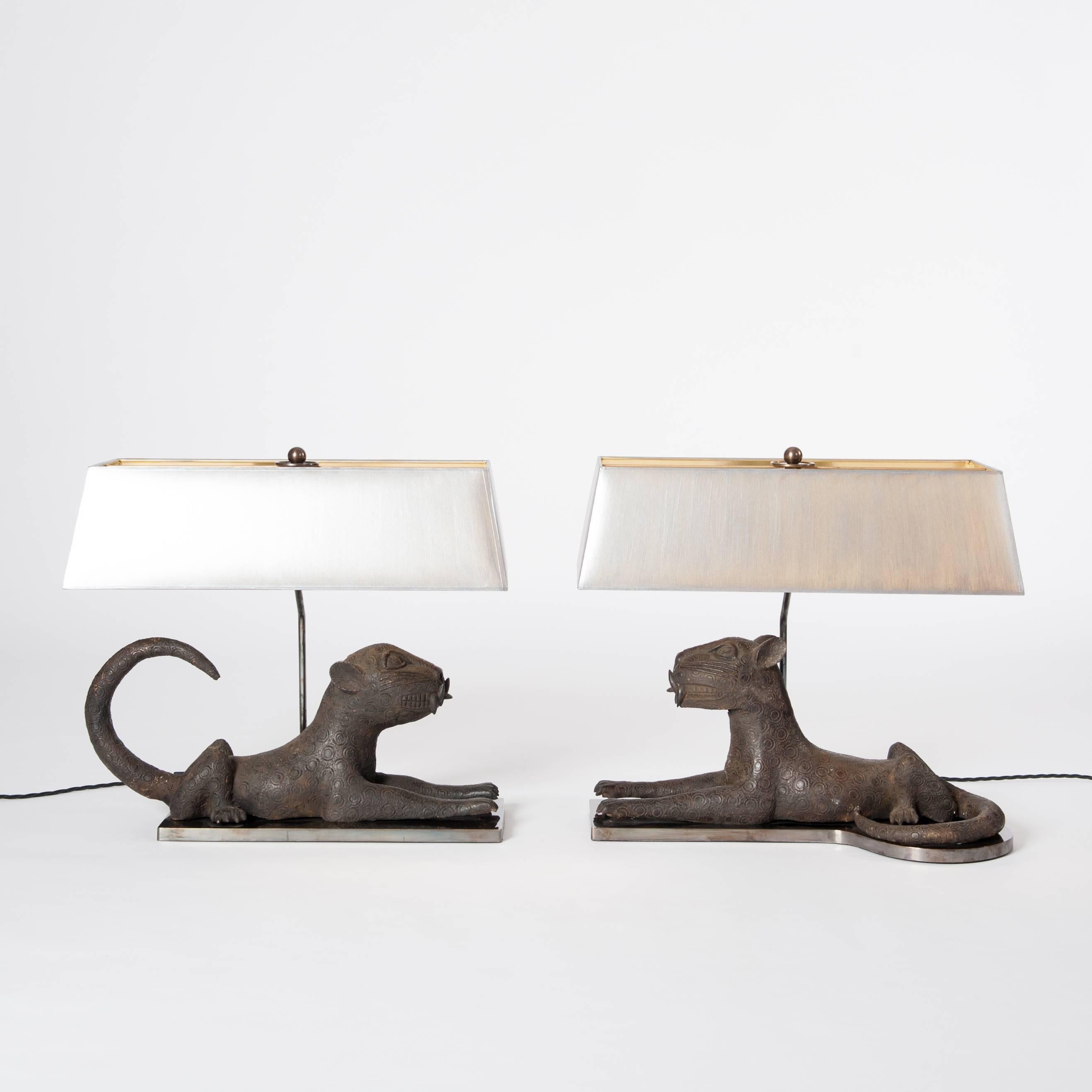 Mid-Century Modern Pair of Colonial Bronze Leopards from Benin, Purpose Built Lamp Construction