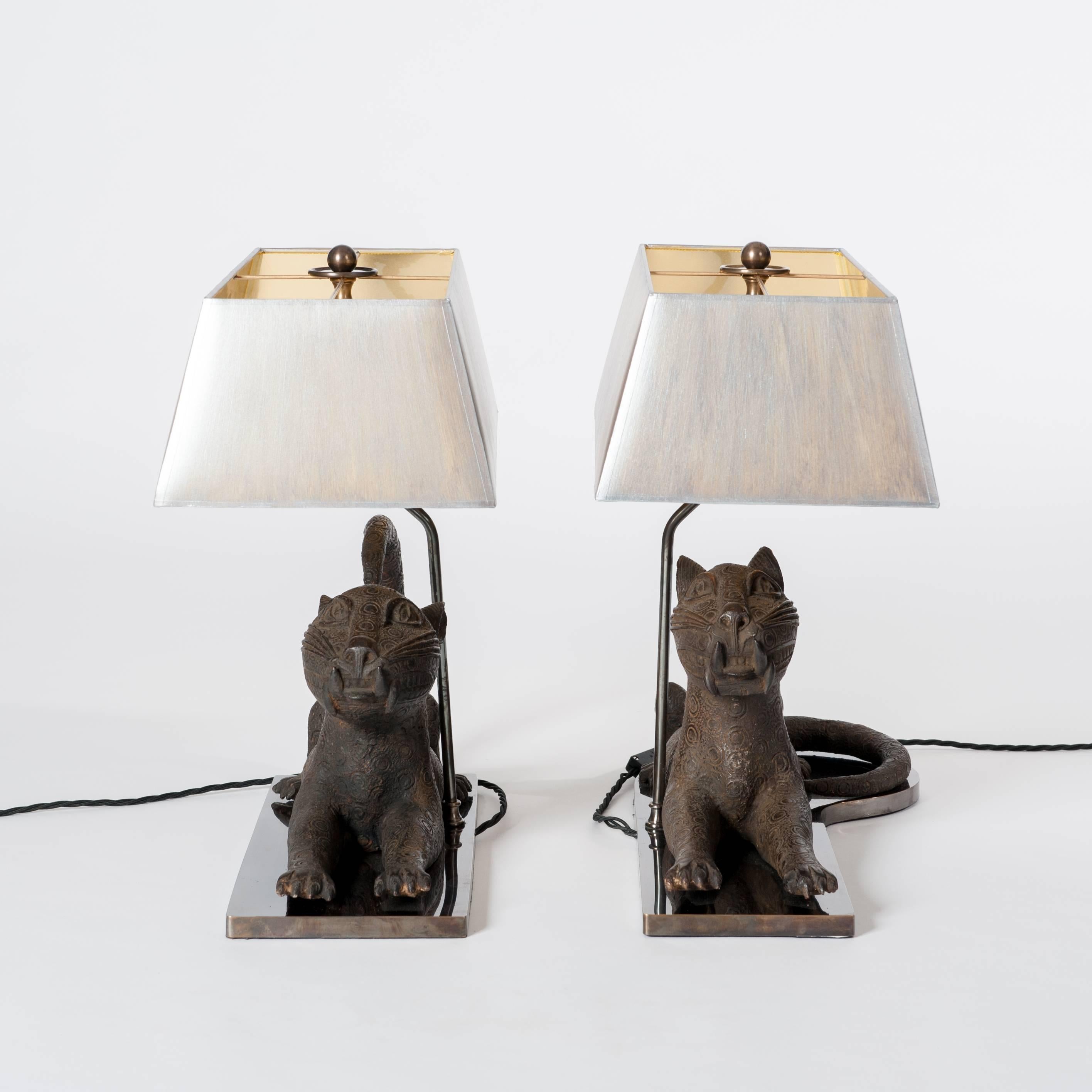 Beninese Pair of Colonial Bronze Leopards from Benin, Purpose Built Lamp Construction