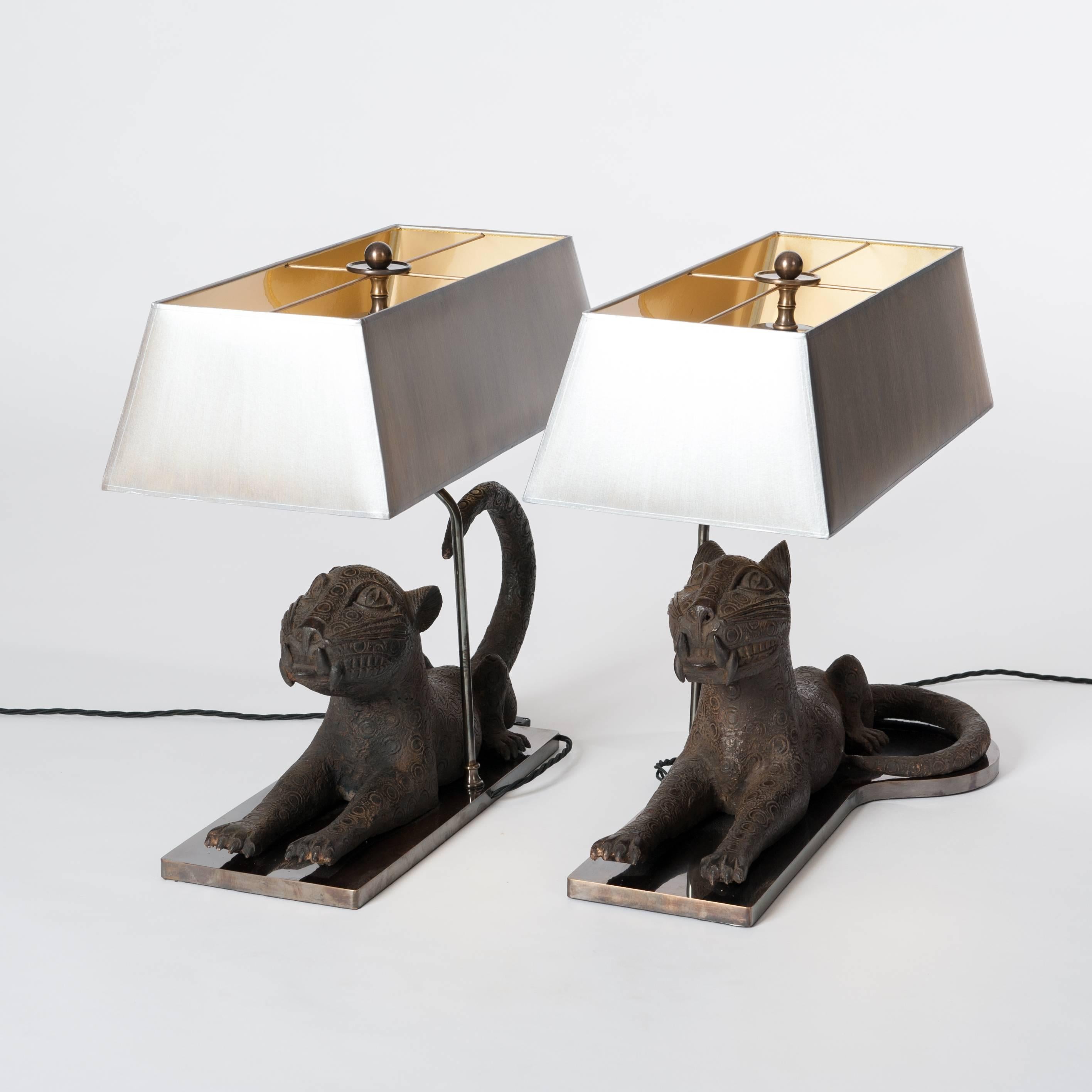 Cast Pair of Colonial Bronze Leopards from Benin, Purpose Built Lamp Construction