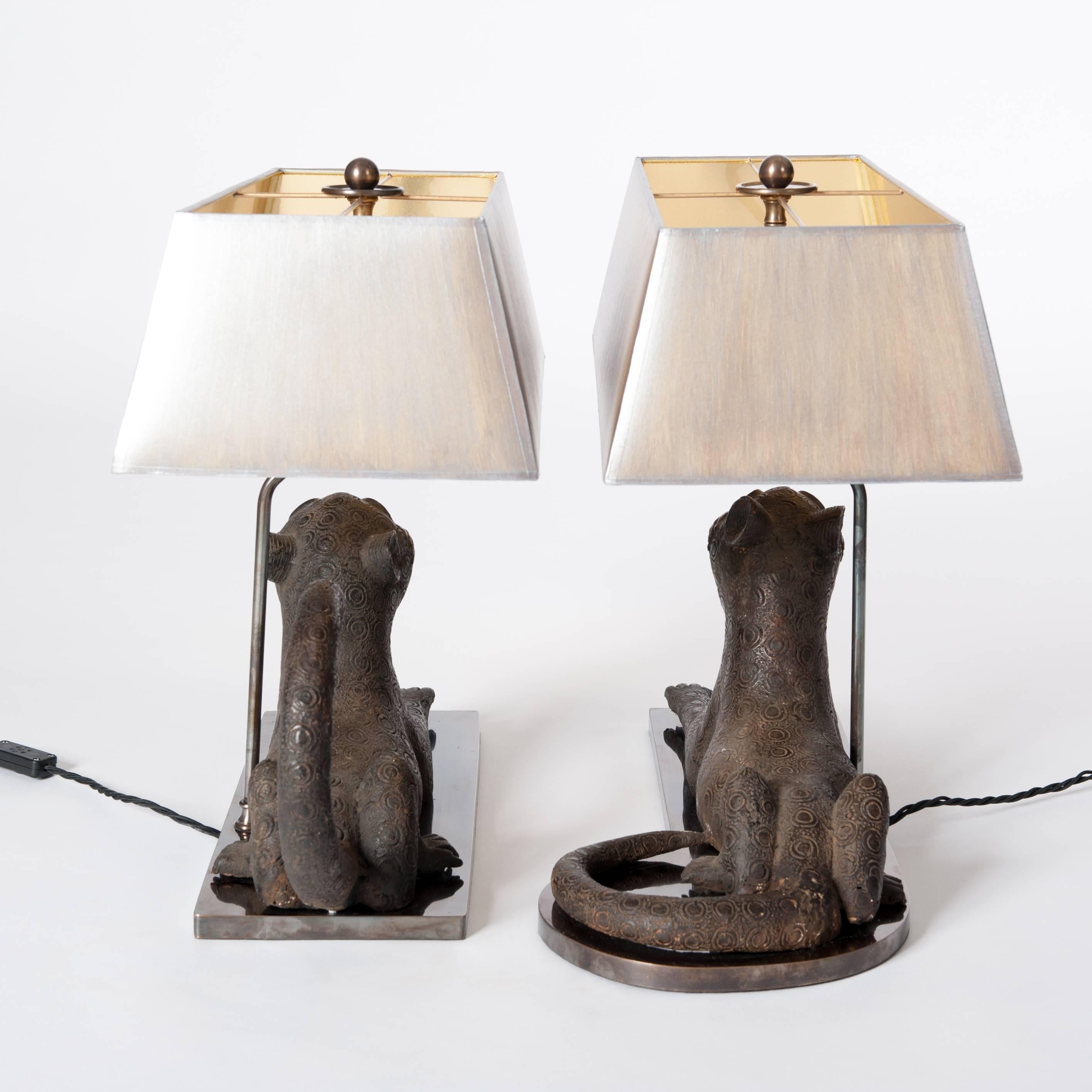 Mid-20th Century Pair of Colonial Bronze Leopards from Benin, Purpose Built Lamp Construction