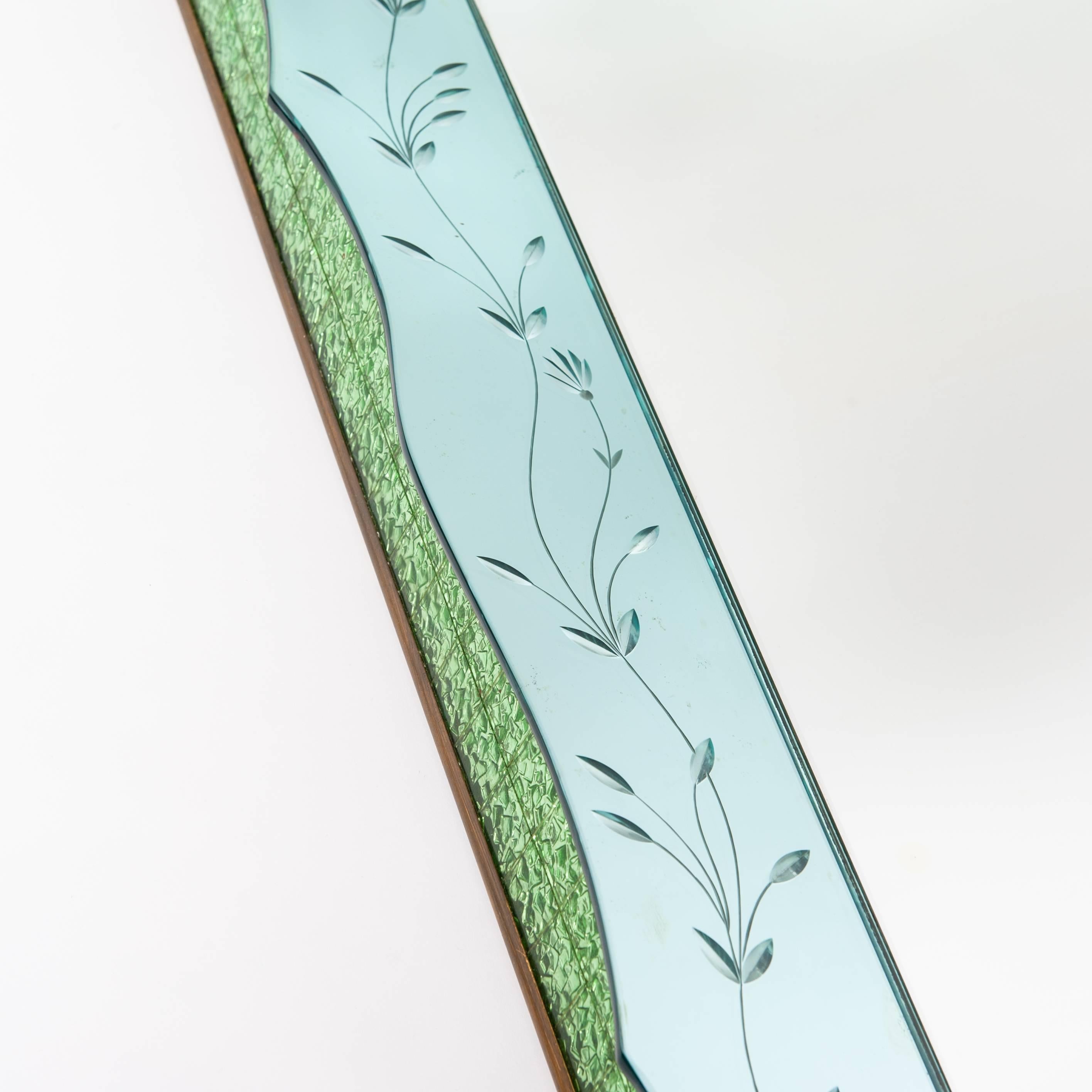 Mid-Century Venetian Turquois Colored Cristal Mirror Floral Engraving 1970s (Kristall)