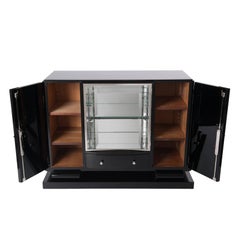 Small French Black Lacquered Art Deco Sideboard with Mirrored Display Cabinet