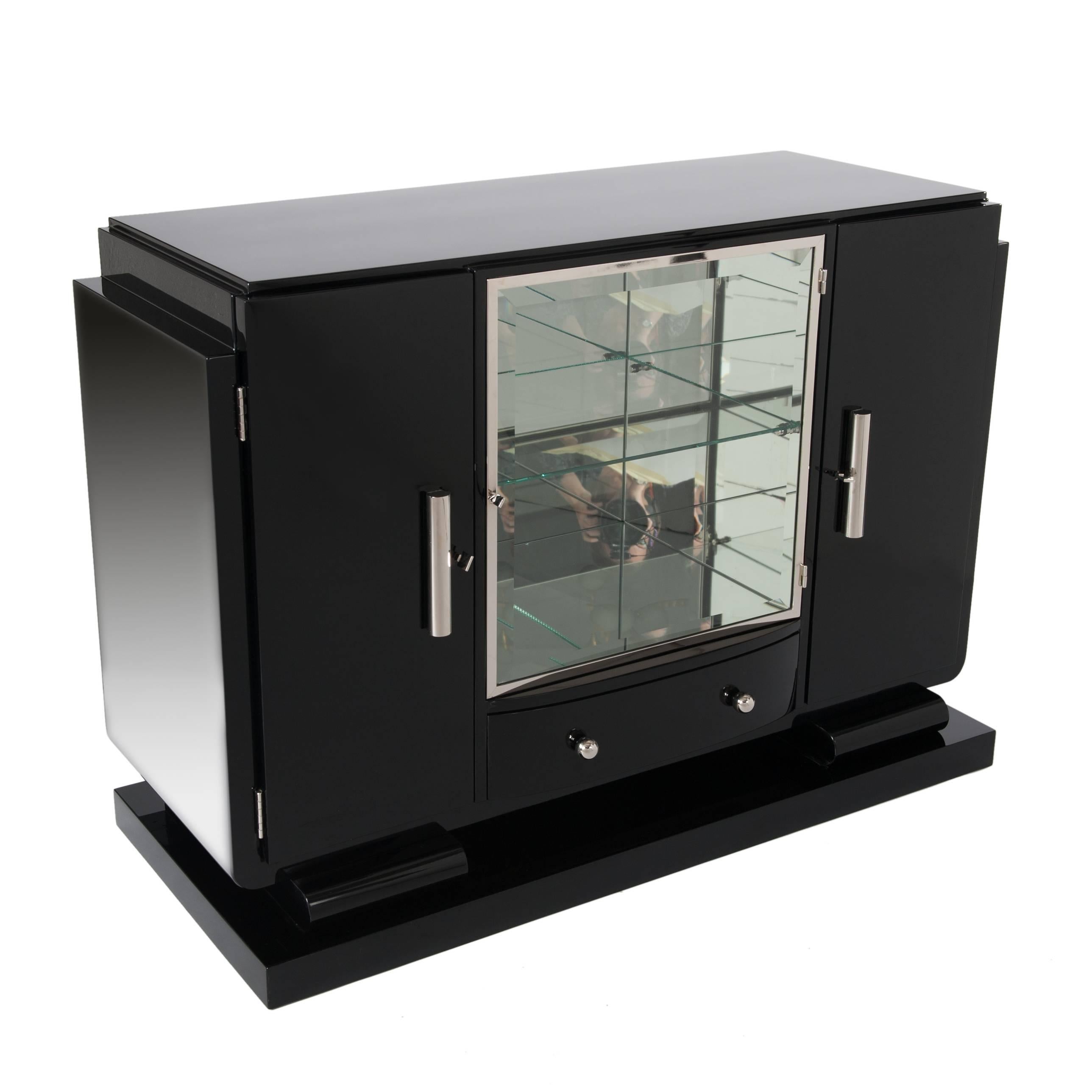 Faceted Small French Black Lacquered Art Deco Sideboard with Mirrored Display Cabinet