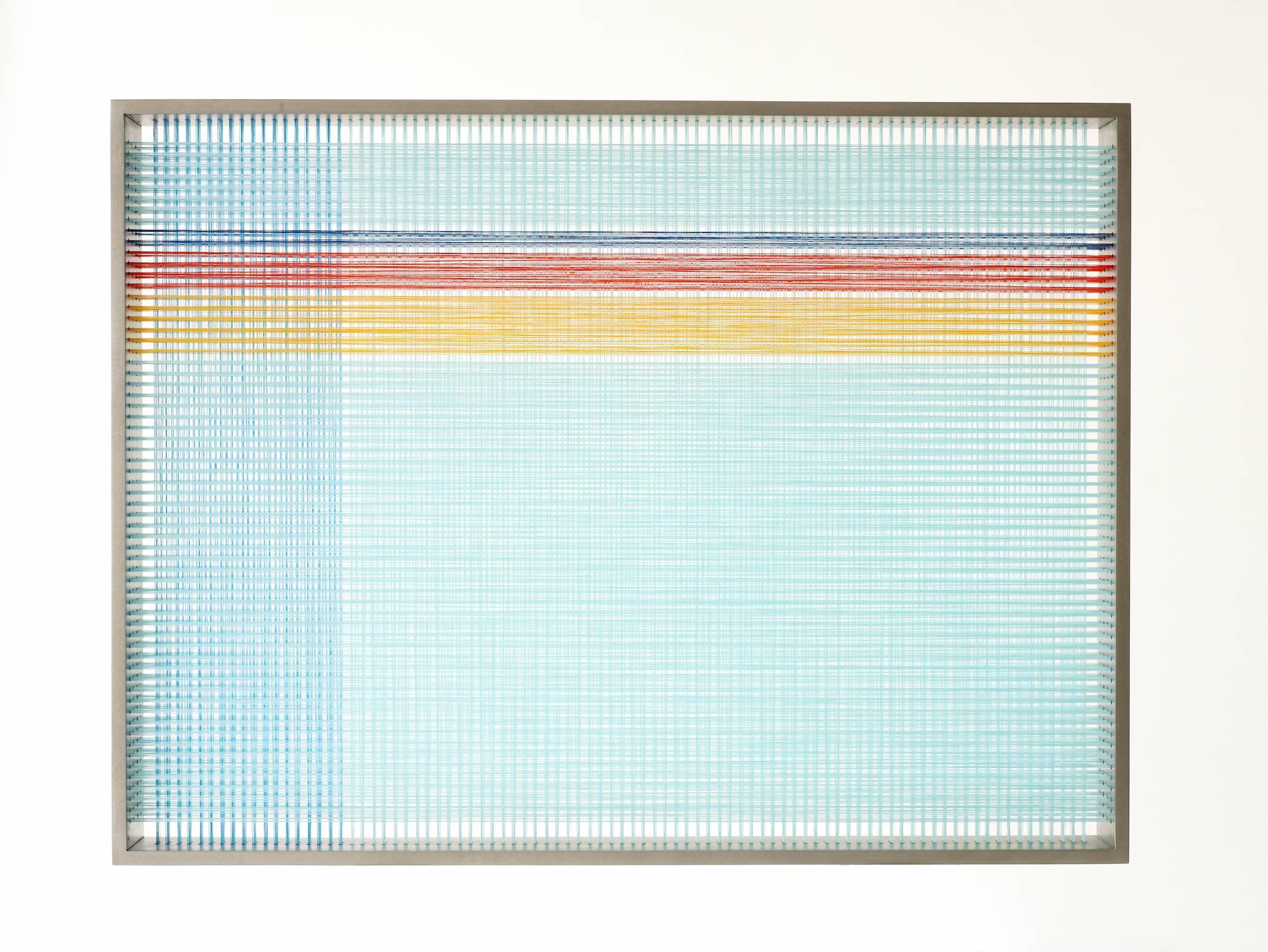 Unique woven panel by Panama-based American artist Christopher Broyles, b. 1979.

Broyles’s process is intensive and fastidious and his work is evocative of that rigor in its examination of the interrelationship of color, line and plane. This