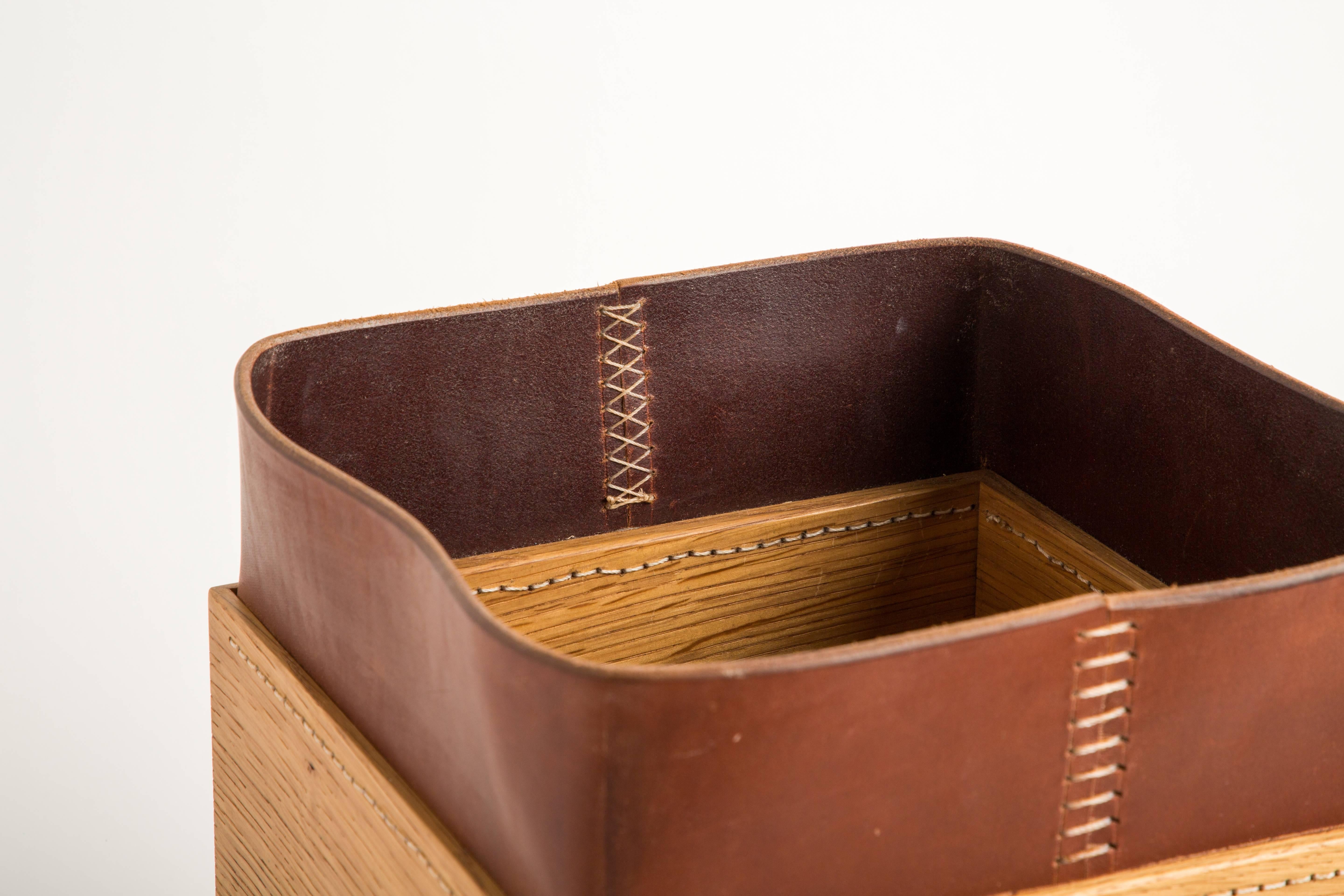 Modern Handmade Leather and Oak Trash Bin, ERIK GUSTAFSON