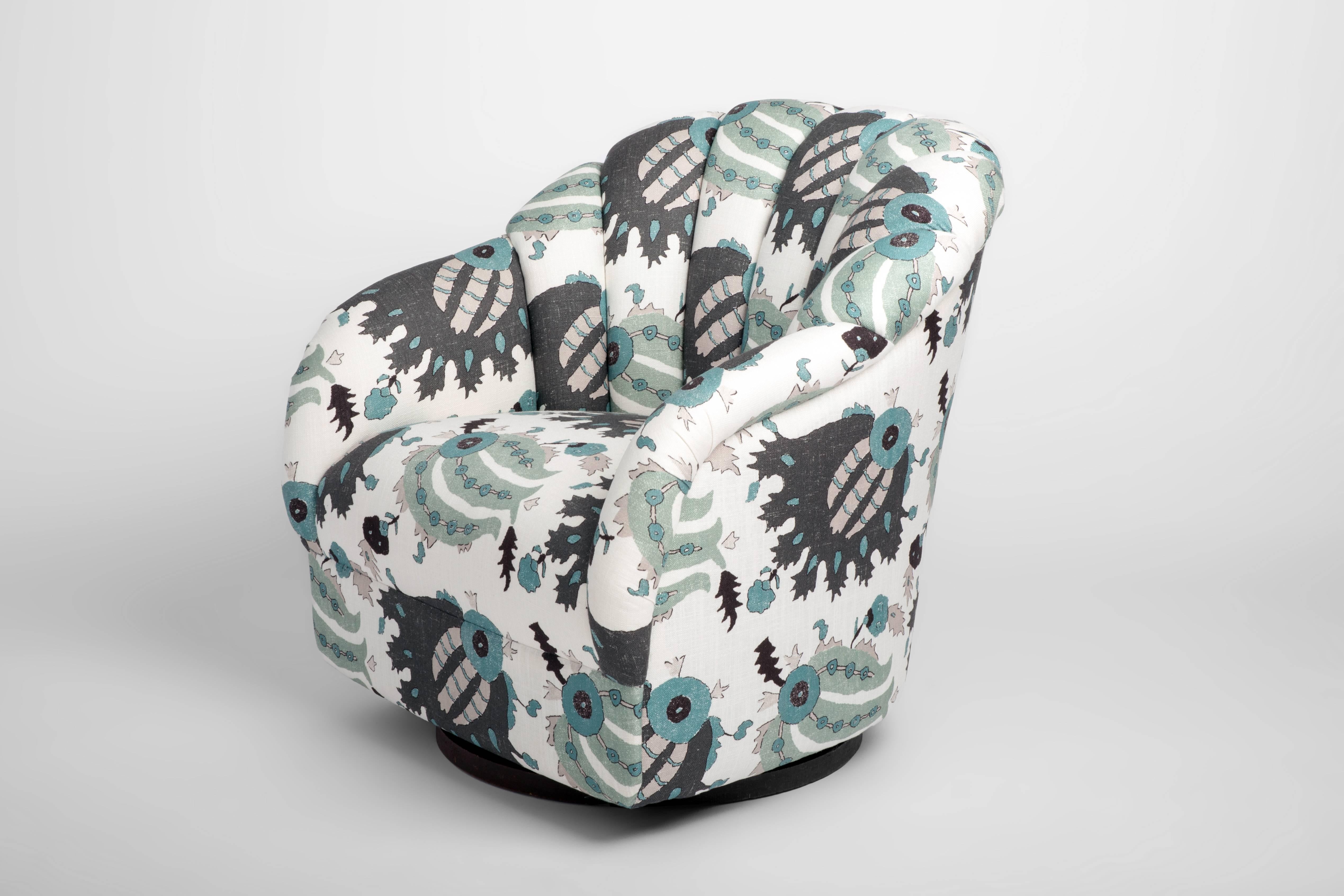 Recovered in a Lorenzo Castillo fabric, this swivel barrel back chair is an iconic Ward Bennet design. 

Ward Bennet is an American designer, artist and sculptor. Uniquely American, Bennet created a design that was called “sensual minimalism” that