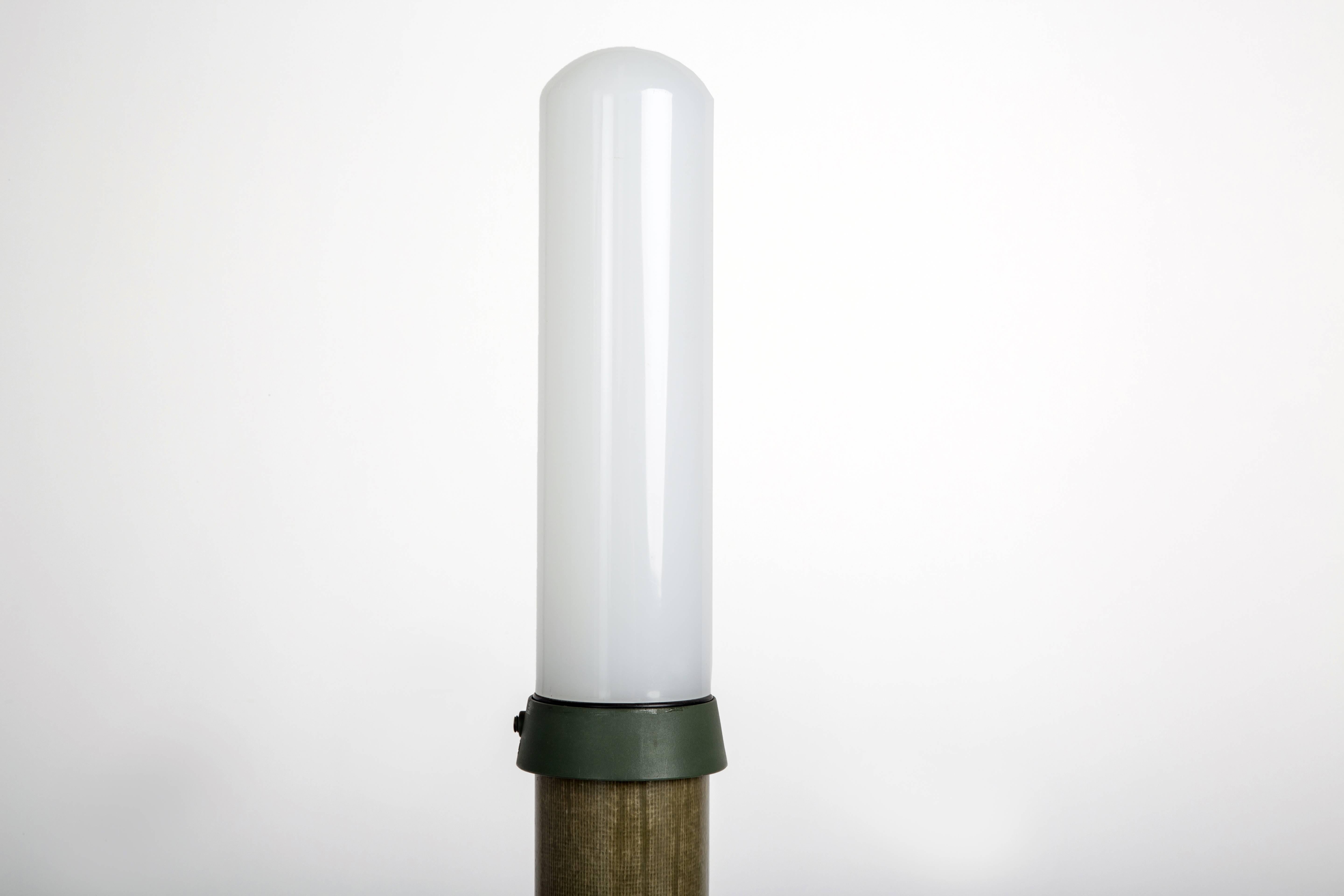 Unusual vintage green standing lamp with frosted diffuser, patinated metal base, modeled green laminate skin. 

Newly rewired to US standards. Acrylic diffuser replaced with new custom glass diffuser. 