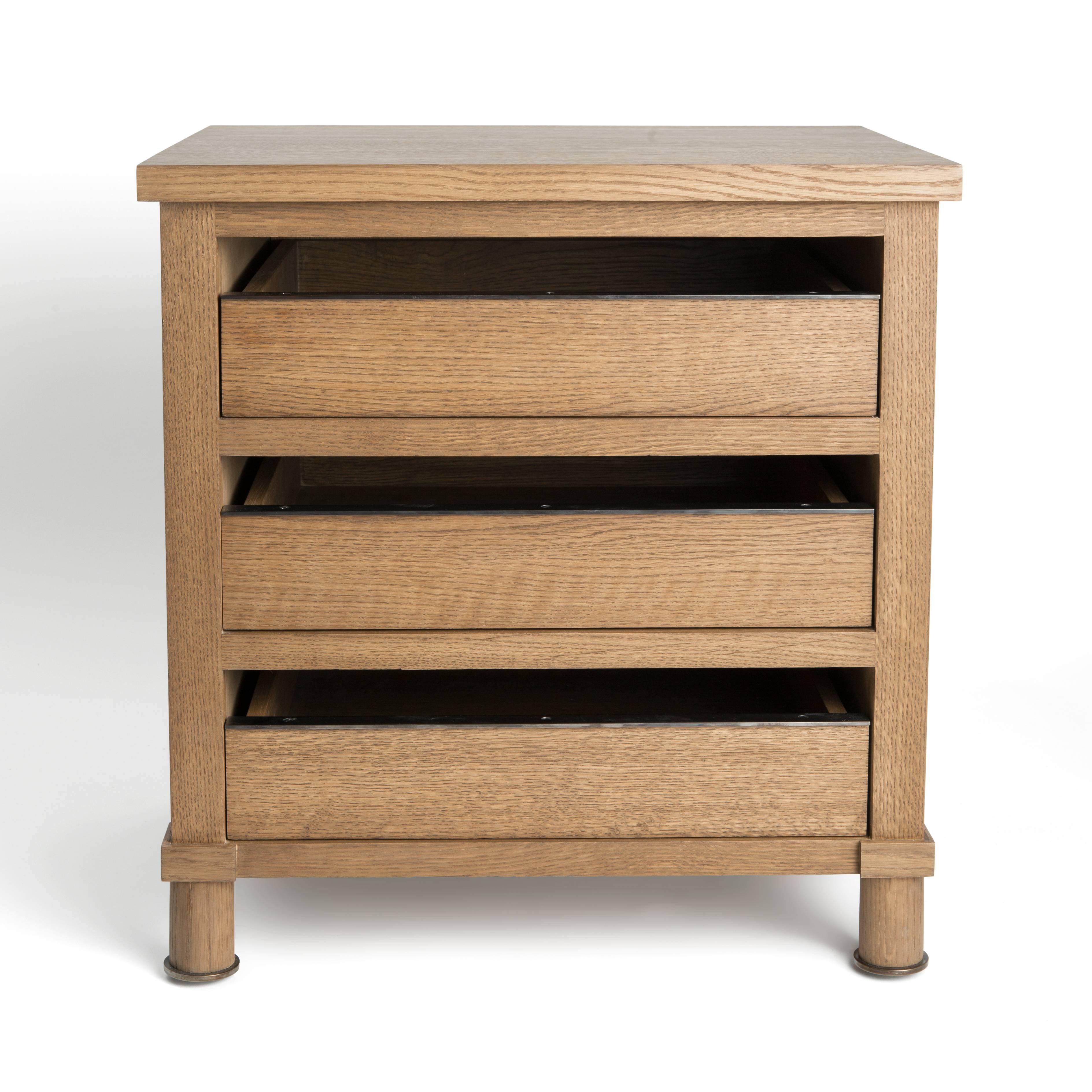 An original Ferrer design with finished oak and bronze details. Functions perfectly as a side table or filing cabinet. Custom sizing and finishes available and quoted upon request. 