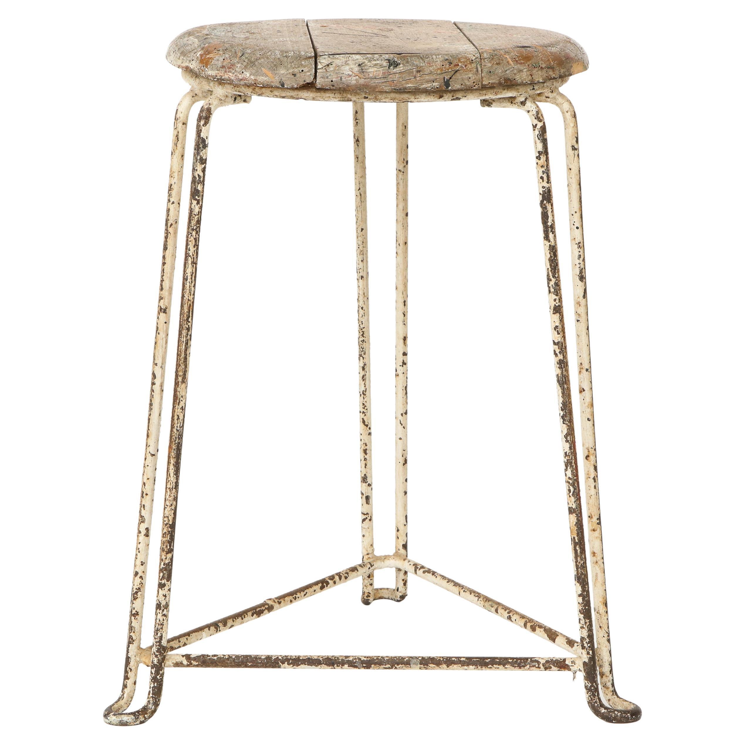 Wood and Metal Modern Industrial Vintage Stool, Heavy Patina, Belgium 1940's For Sale