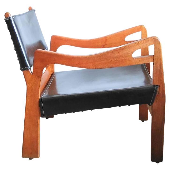 Guillerme et Chambron Single Solid Oak & Leather Armchair, France 1960's For Sale