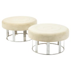 Retro Pair of Large Round Chrome & White Velvet Ottomans, USA 1970's