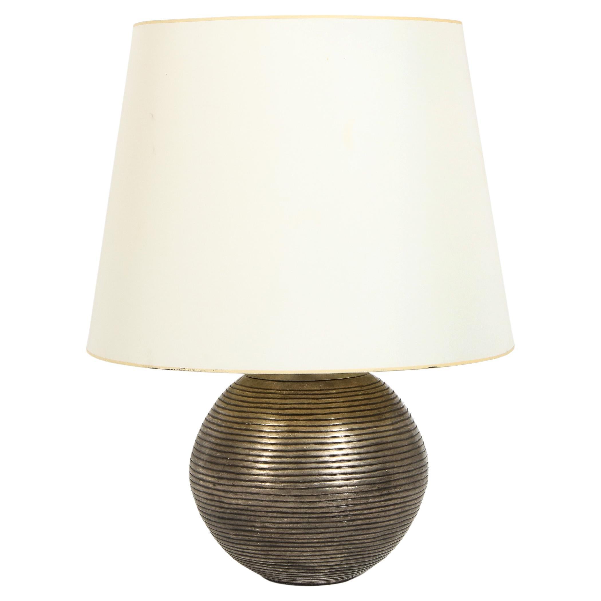 Ribbed Patinated Brass Spherical Table Lamp, France 1960's For Sale