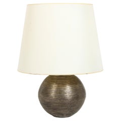 Ribbed Patinated Brass Spherical Table Lamp, France 1960's