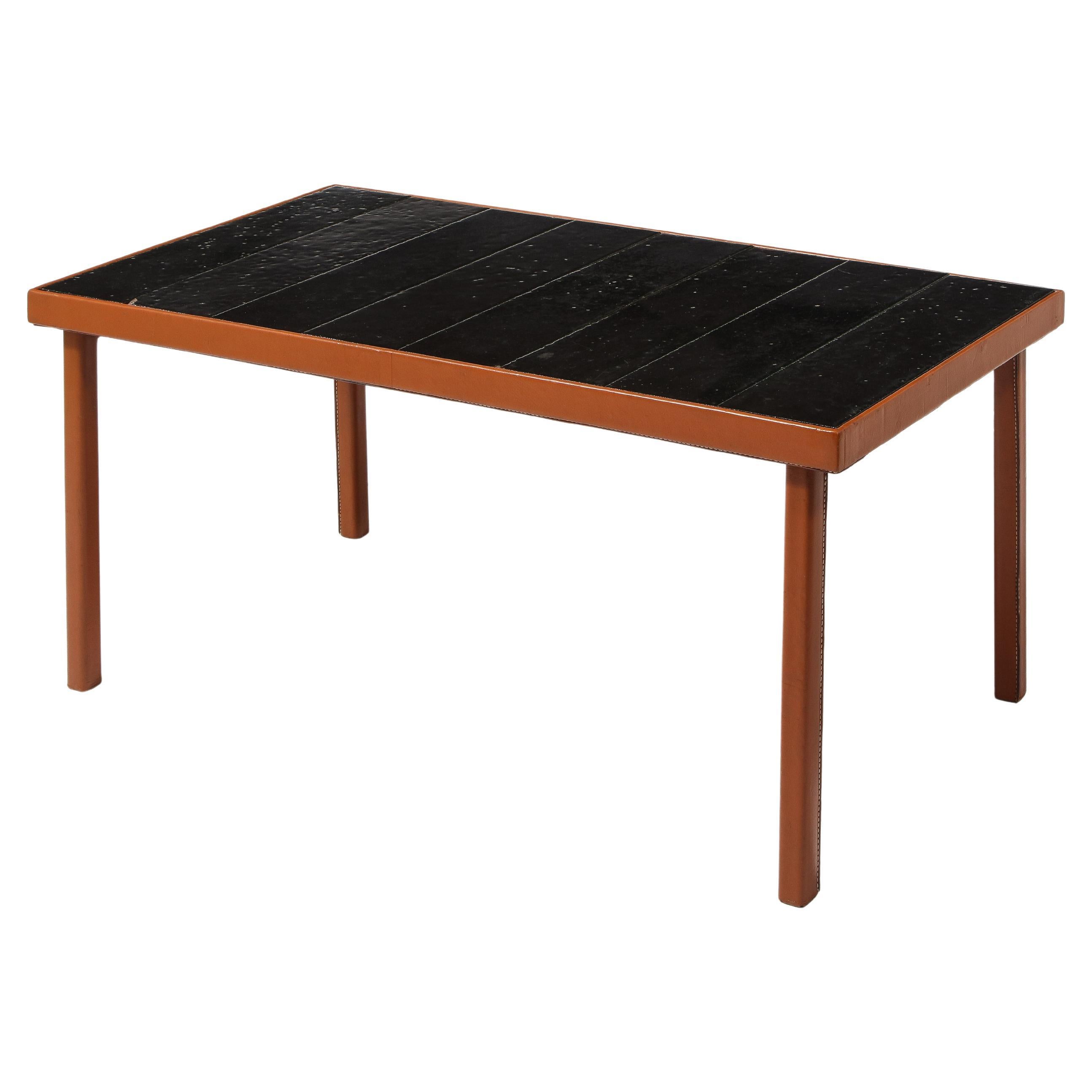 Adnet Style Leather & Dark Jouve Style Lava Stone Tiles Table, France 1950's For Sale