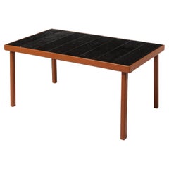 Adnet Style Leather & Dark Jouve Style Lava Stone Tiles Table, France 1950's