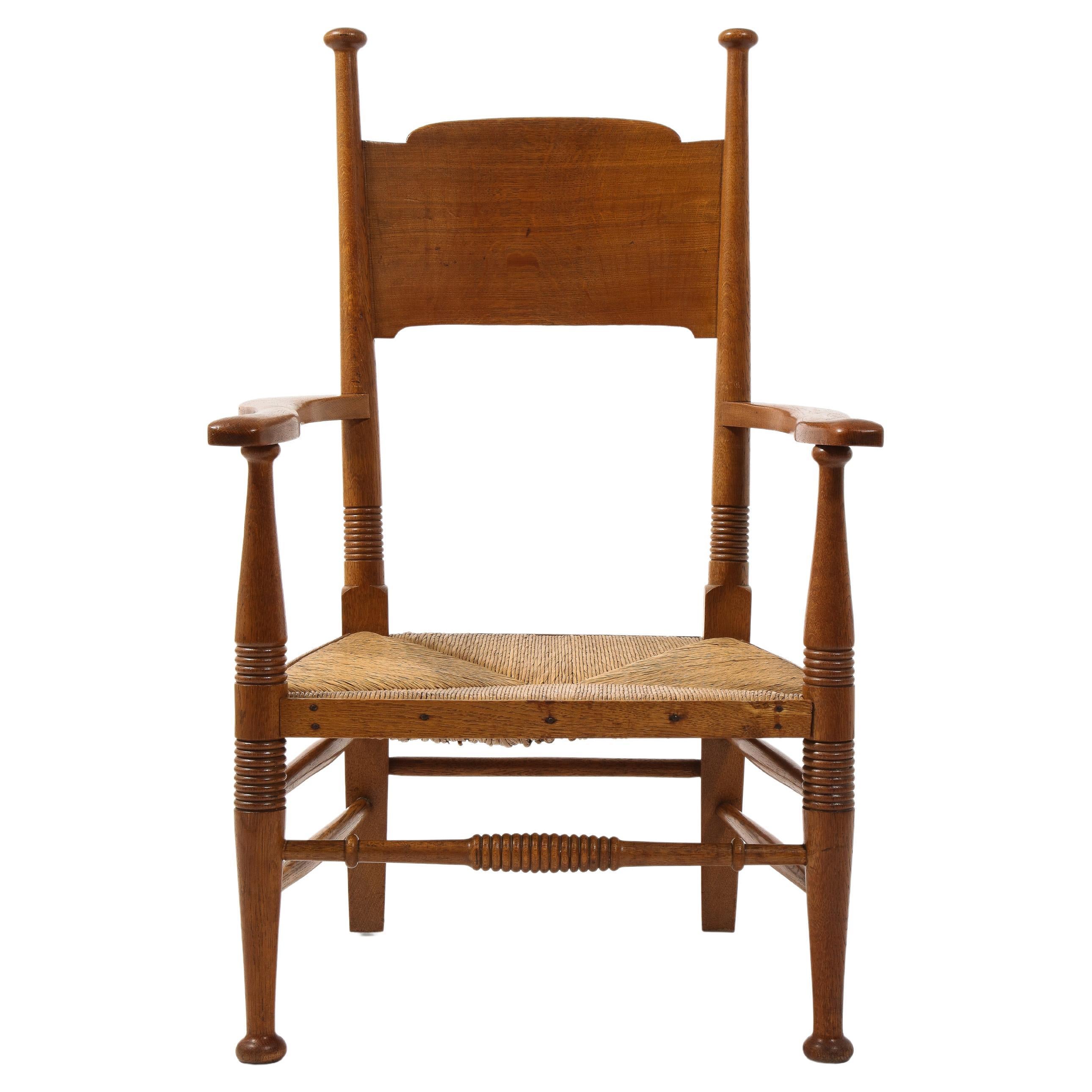  EG Punnets & Williams Arts & Craft Chair with Rush Seat, England 1910's