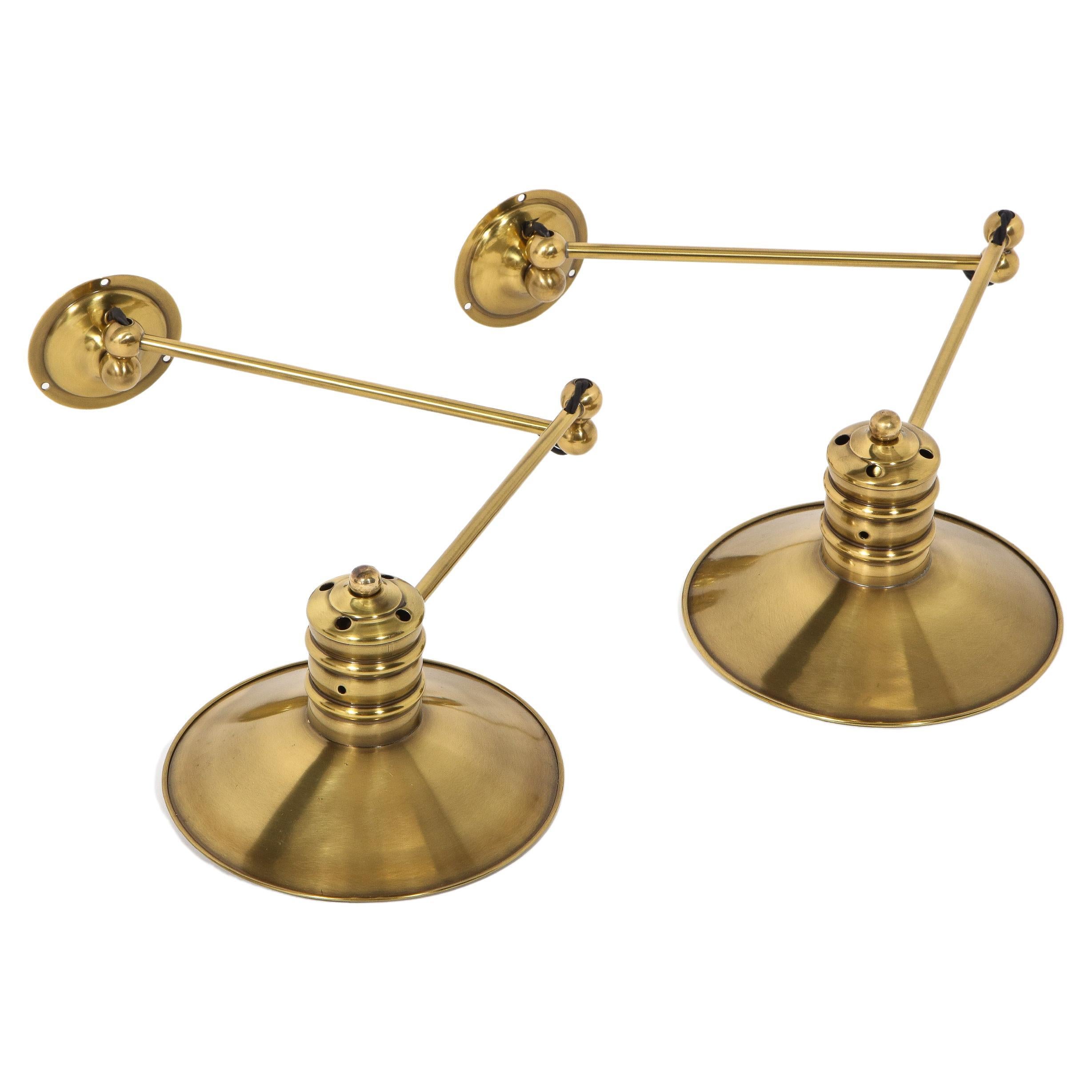 Pair of Piano Swing Arm Brass Shade Sconces, France 1960’s
