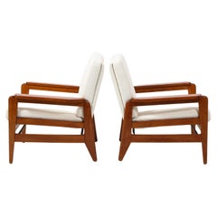 Freespan Pair of Walnut Frame Modern Armchairs in White Bouclé, France 1960's