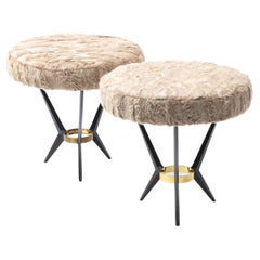 Jacques Tournus Pair of Black Metal & Brass Tripod Stools, France 1960's