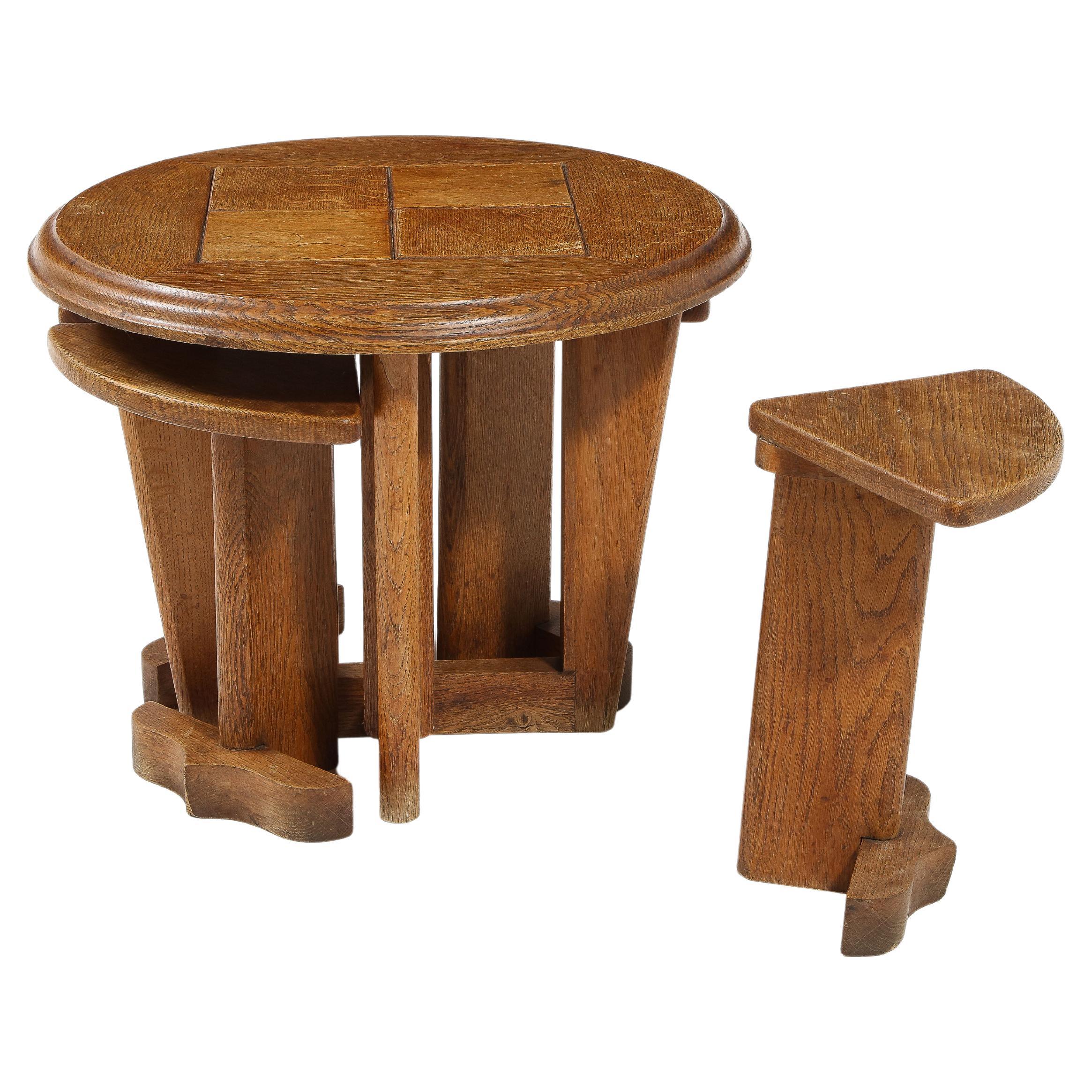 Guillerme & Chambron Oak Nesting Table Set, France 1960's For Sale