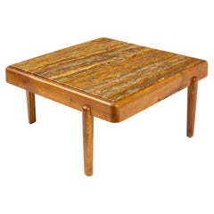Large Elm & Travertine Coffee Table, France 1960's