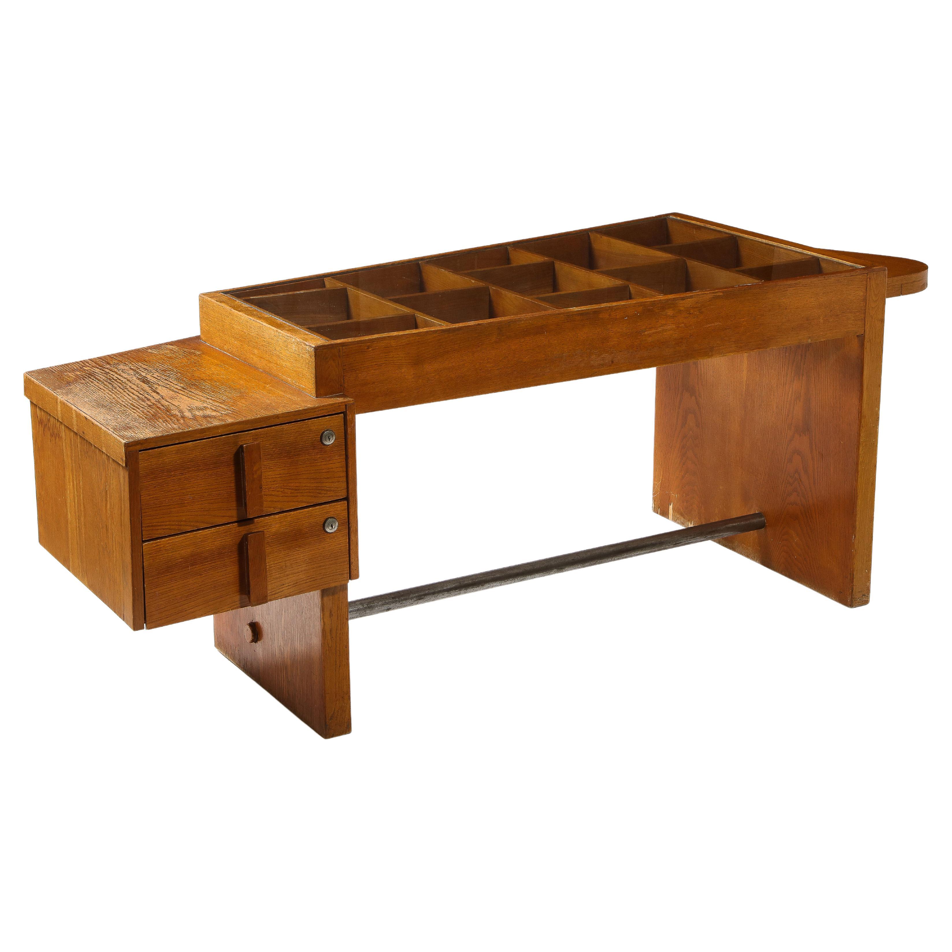Large Oak & Class Modernist Desk, France 1950's For Sale