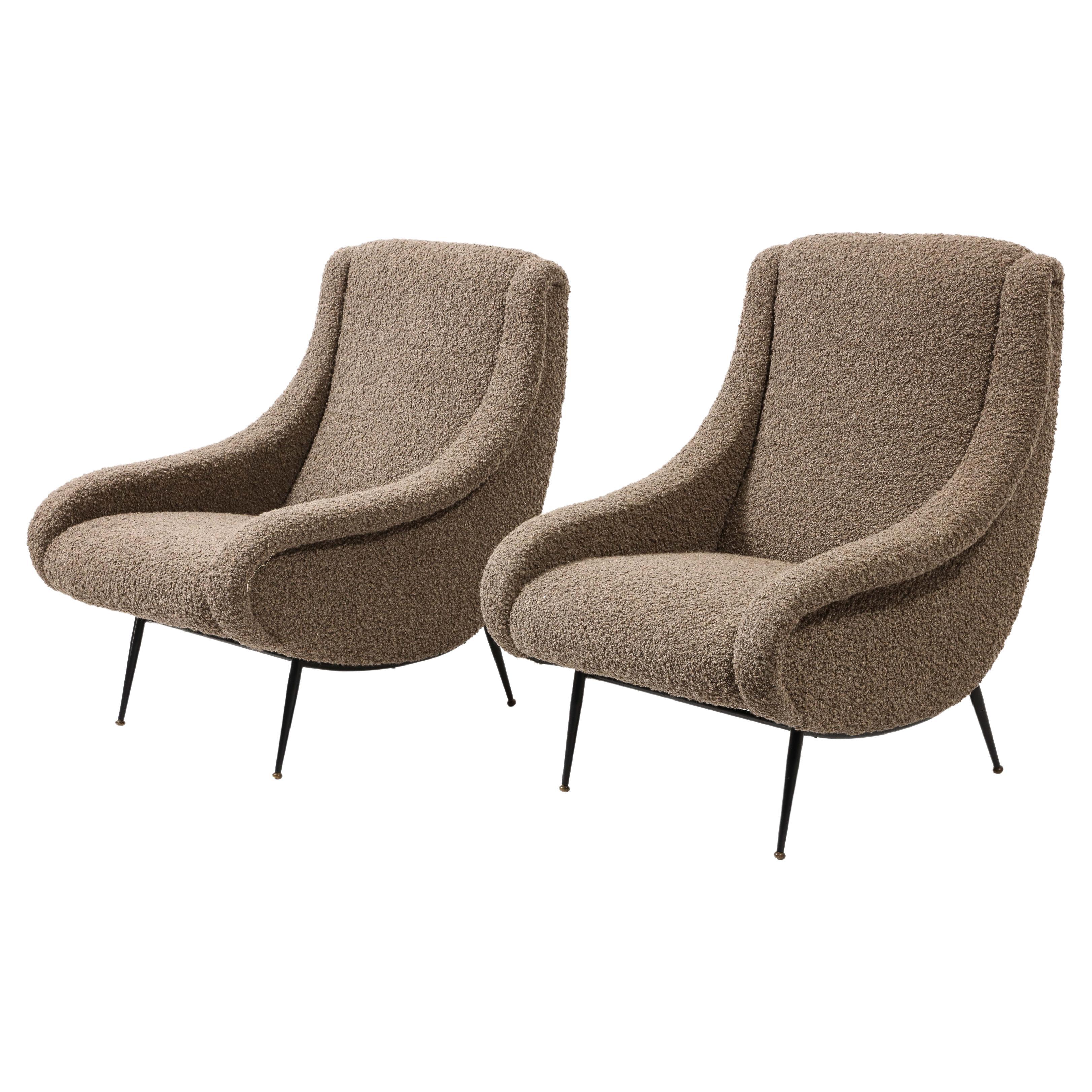 Pair of Zanuso Style Armchairs in Boucle, Italy 1960's For Sale