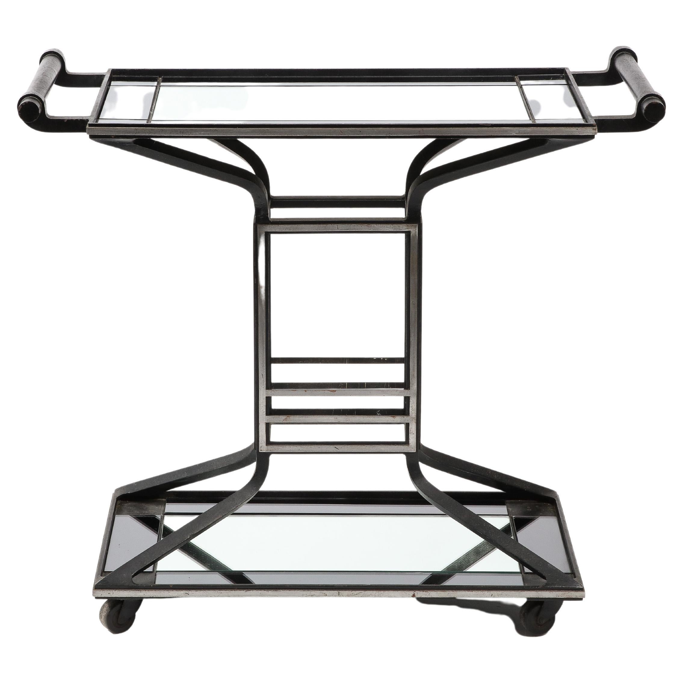 Cast Iron Steel & Mirror Art Deco Inspired Bar Cart, France 1950's For Sale