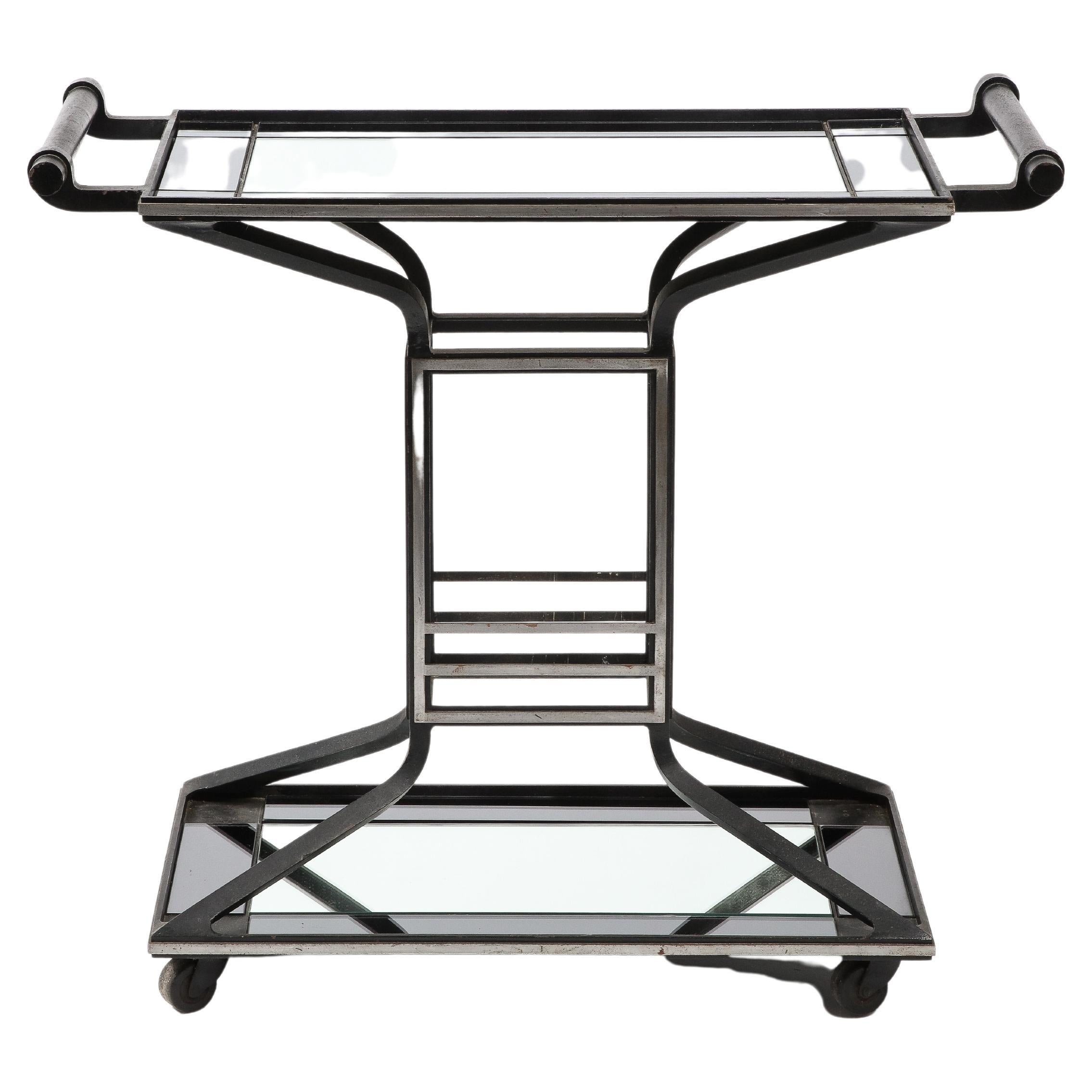 Cast Iron Steel & Mirror Art Deco Inspired Bar Cart, France 1950's