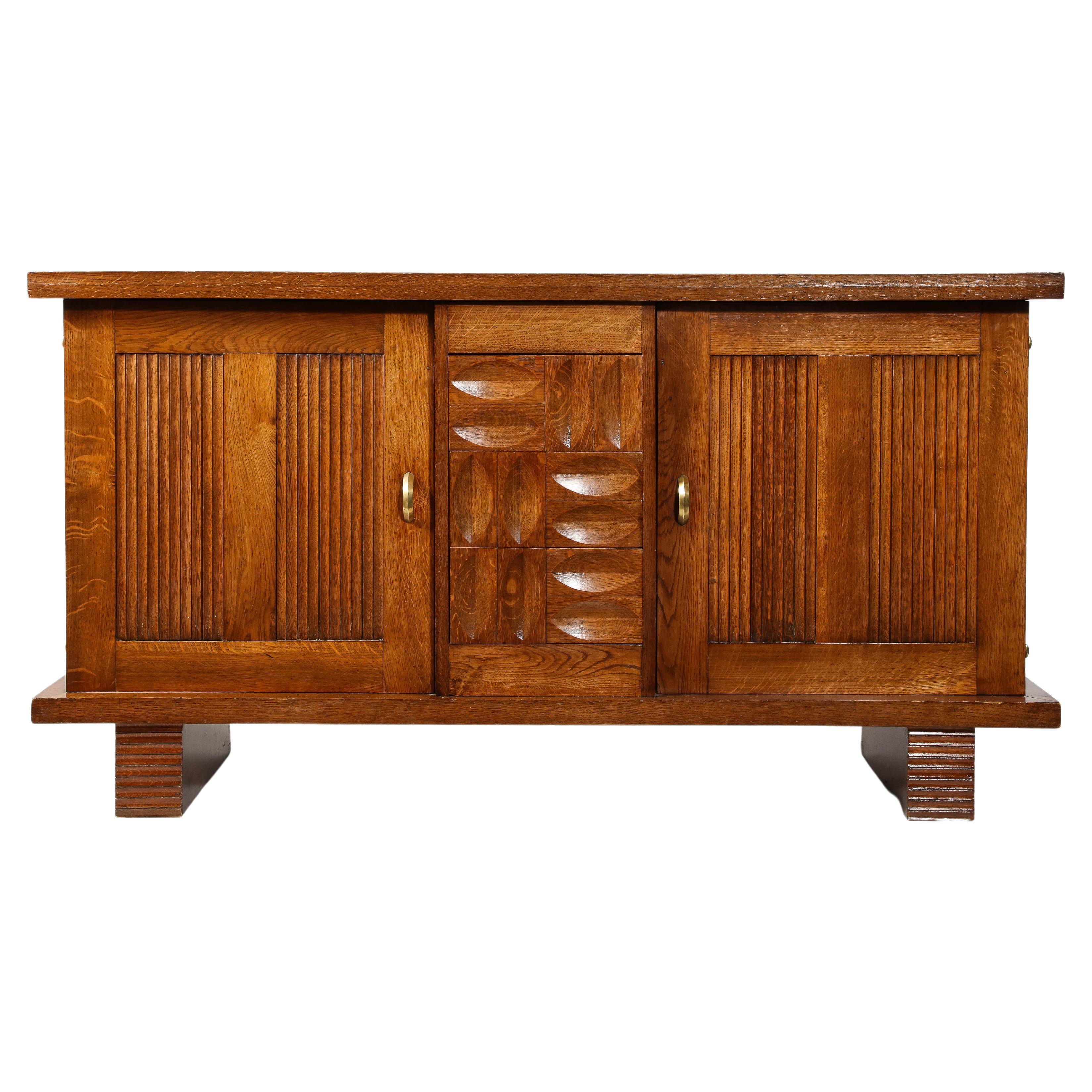 Charles Dudouyt Brutalist Credenza in Oak & Brass, France 1940's For Sale