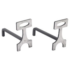 Torch Cut Steel Andirons in Brushed Nickel Finish, France 1970's