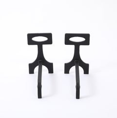 Torch Cut Steel Andirons in Brushed Nickel Finish, France 1970's