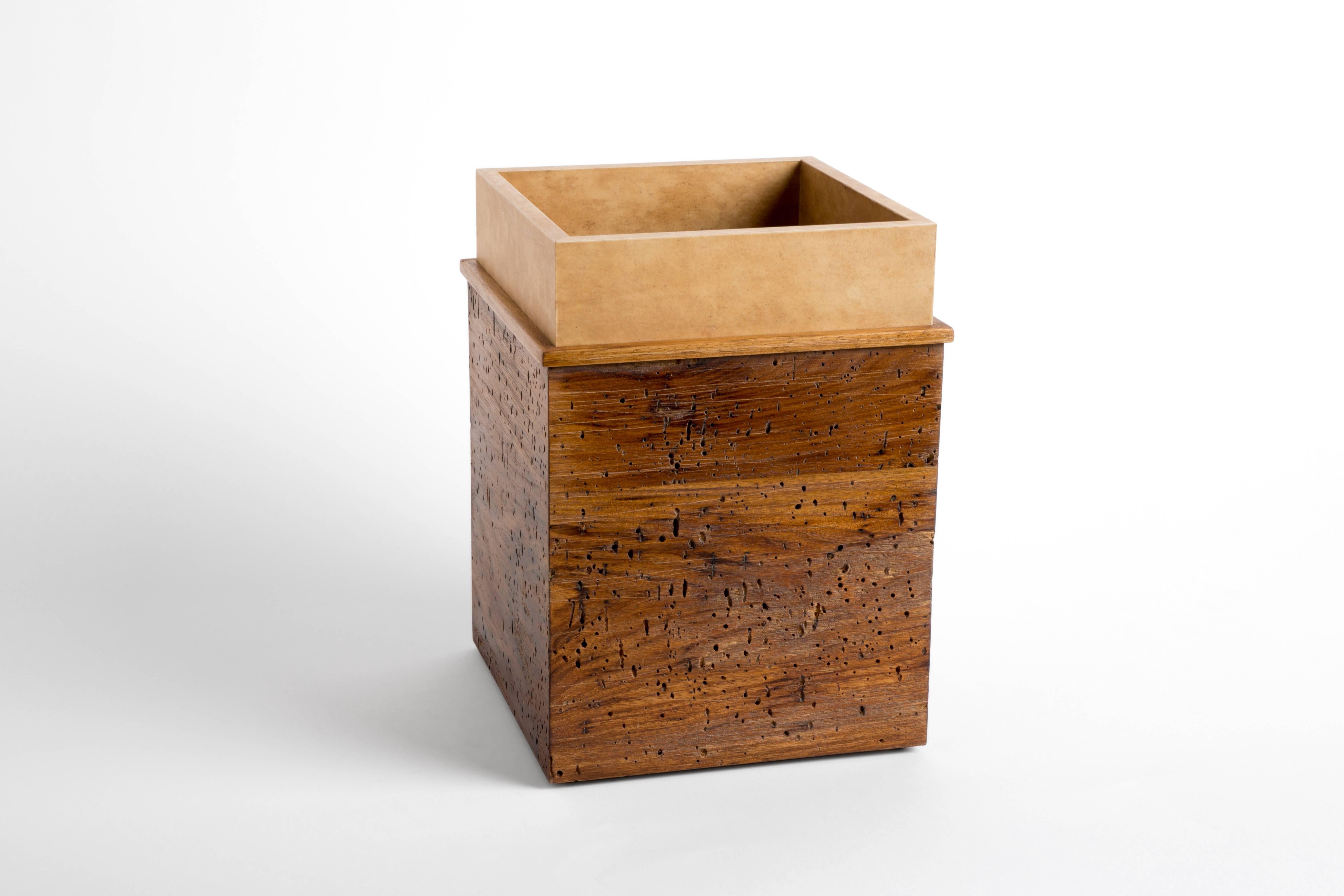 Calf Skin and Wormy Butternut Trash Bin, ERIK GUSTAFSON In New Condition In New York, NY