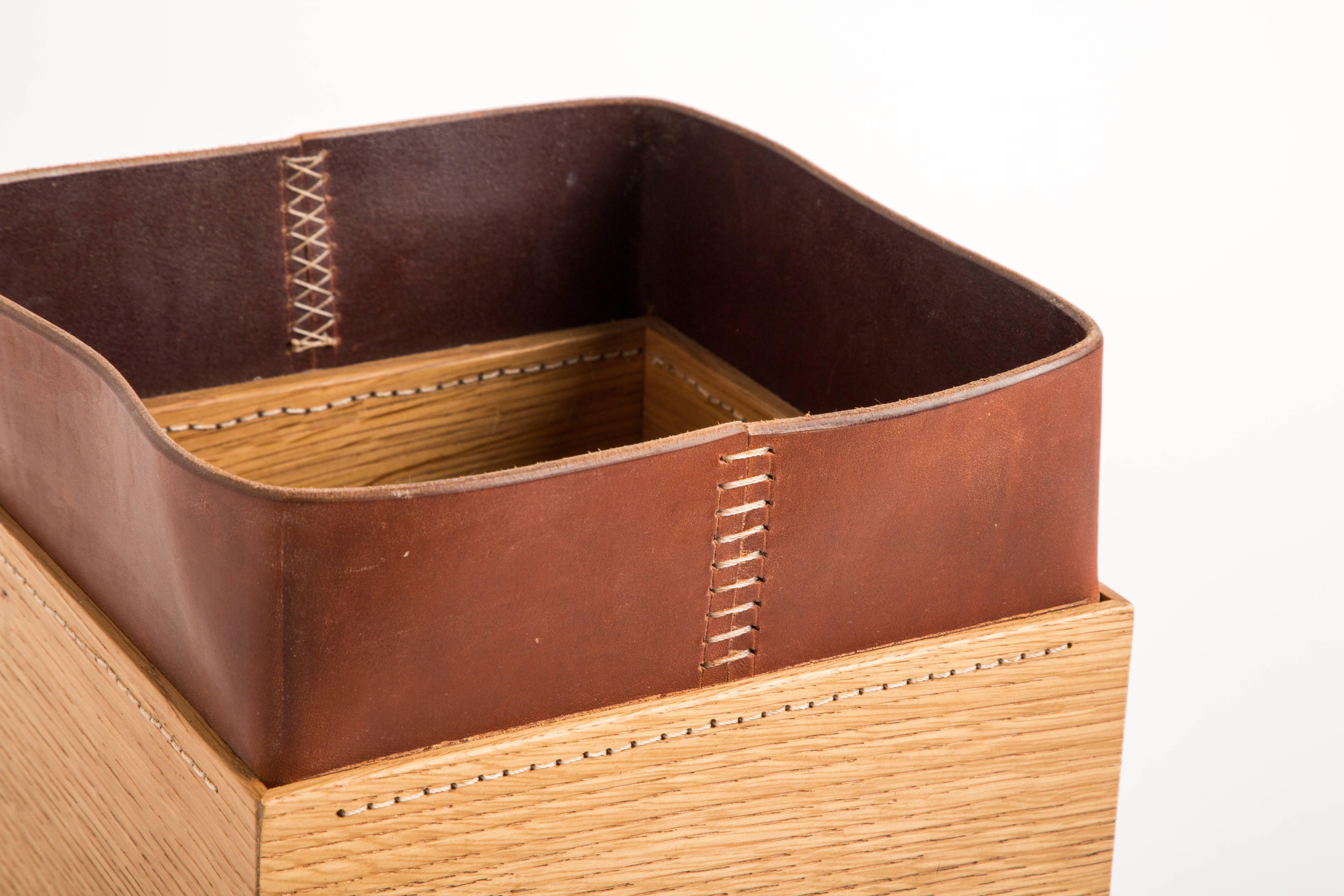Hand-Carved Handmade Leather and Oak Trash Can, Erik Gustafson