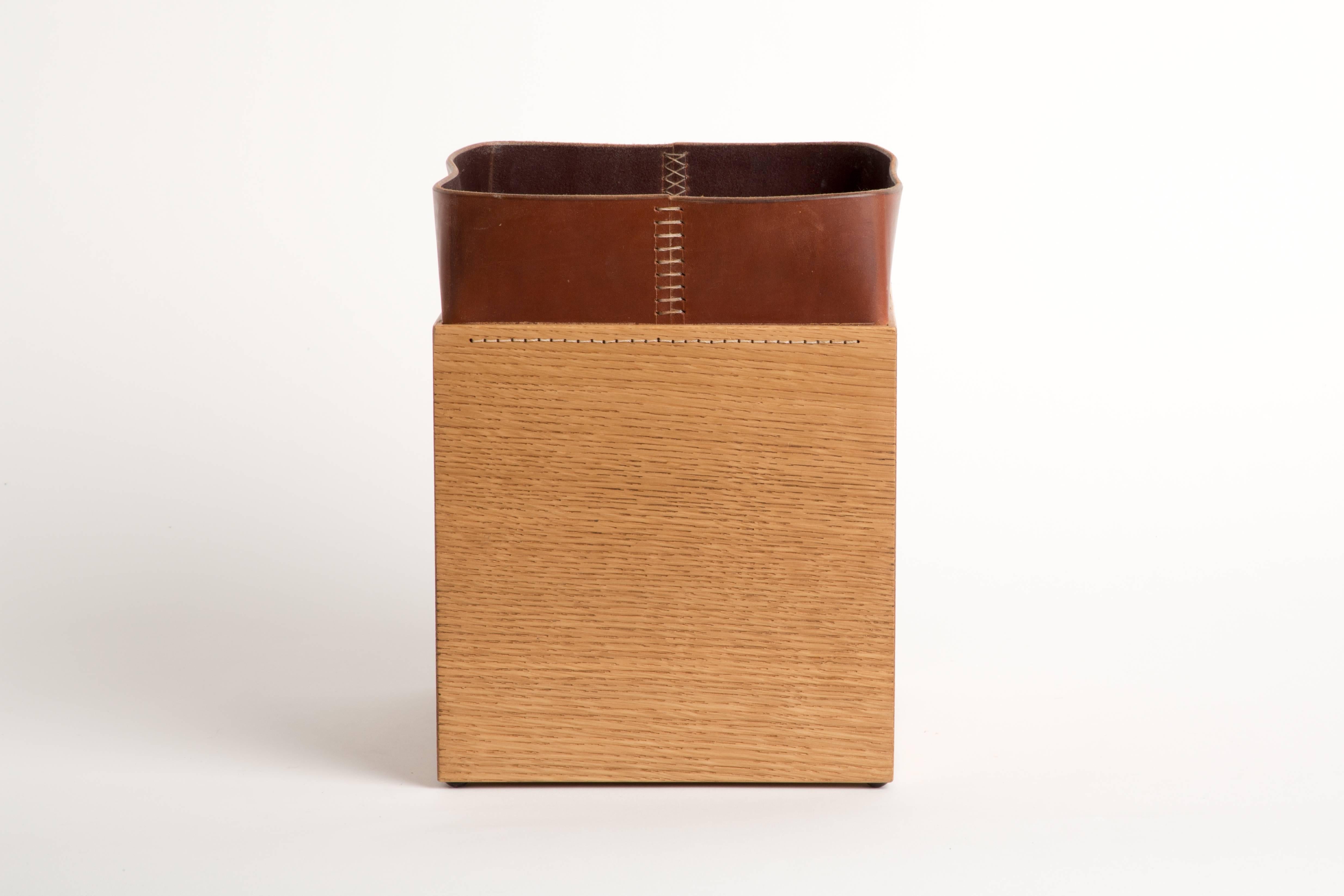 Handmade Leather and Oak Trash Can, Erik Gustafson In Excellent Condition In New York, NY