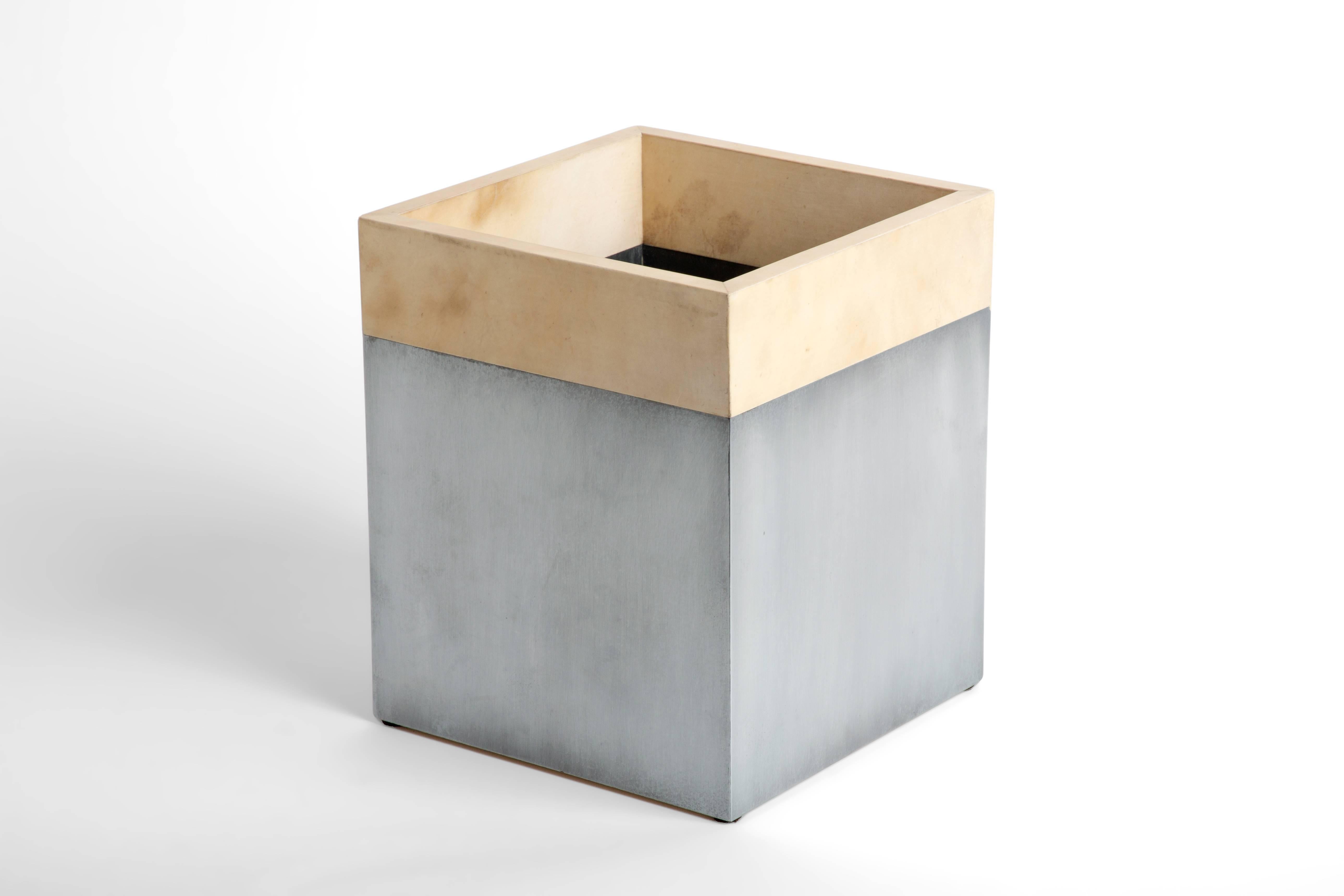 Modern Zinc and Calfskin Trash Can, Erik Gustafson