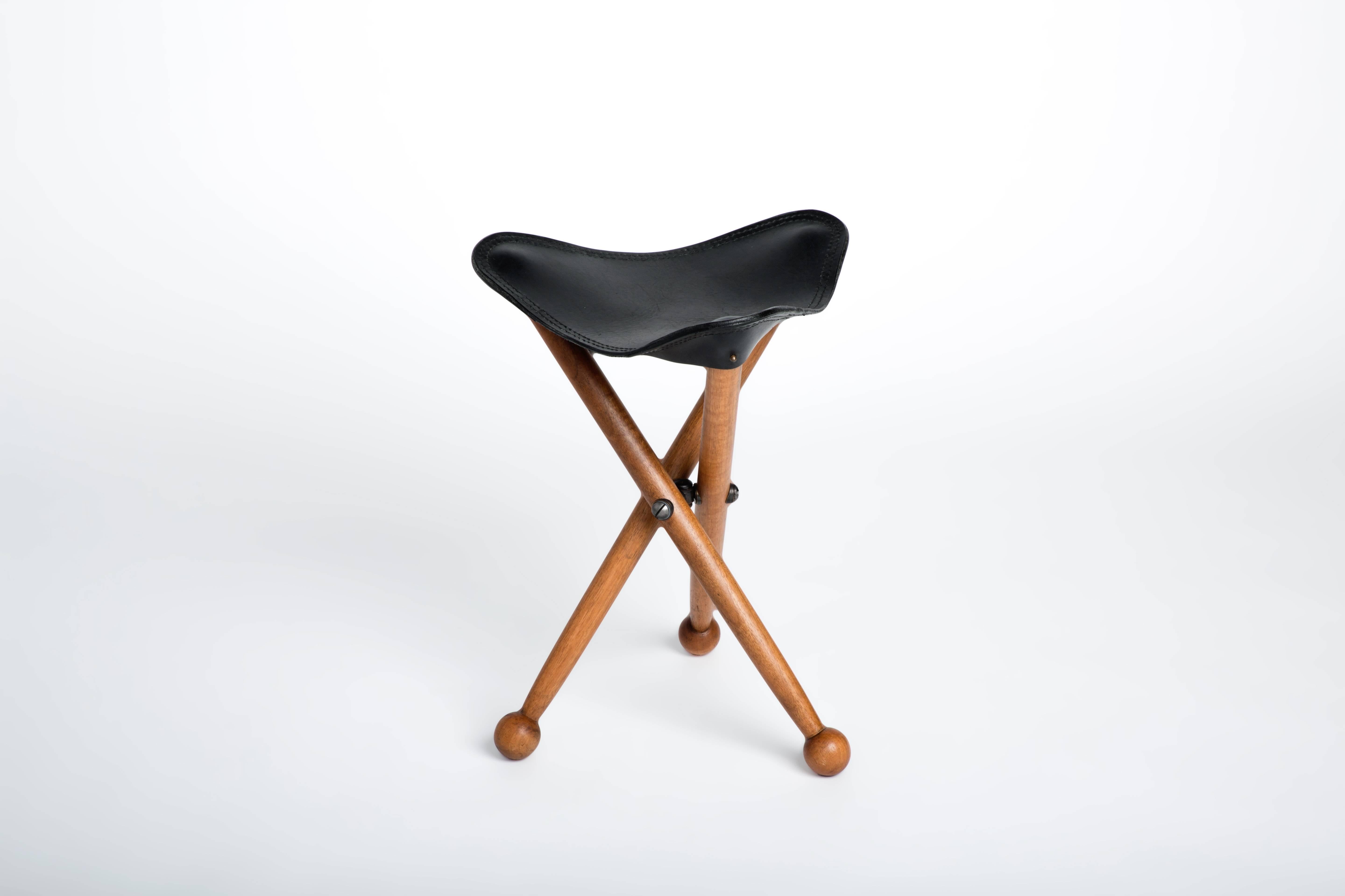 Modern Sap Wood and Saddle Leather Campaign Stool, Erik Gustafson