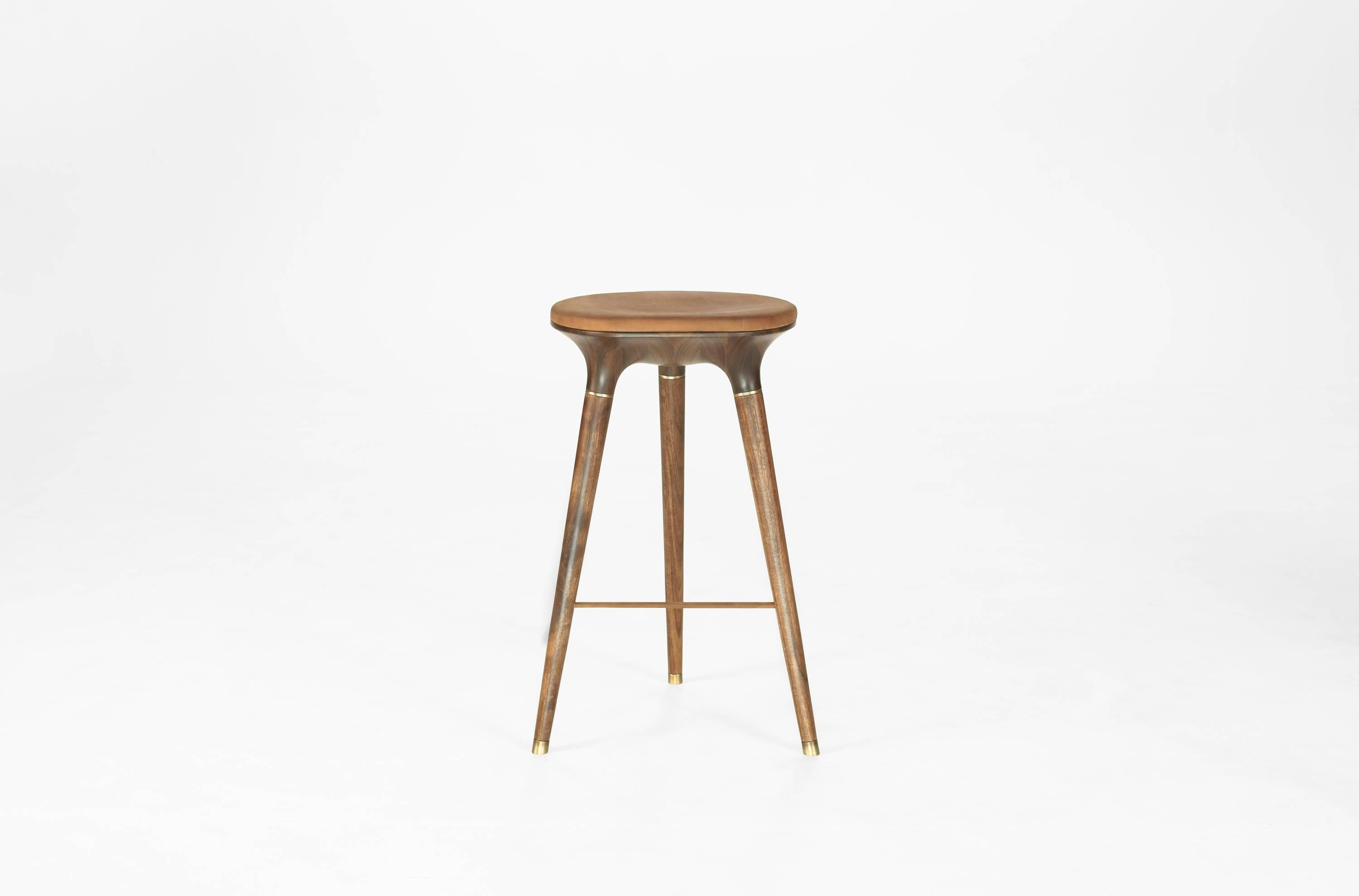 Organic Modern Contemporary Stool in Carved Walnut, Brass and Leather For Sale