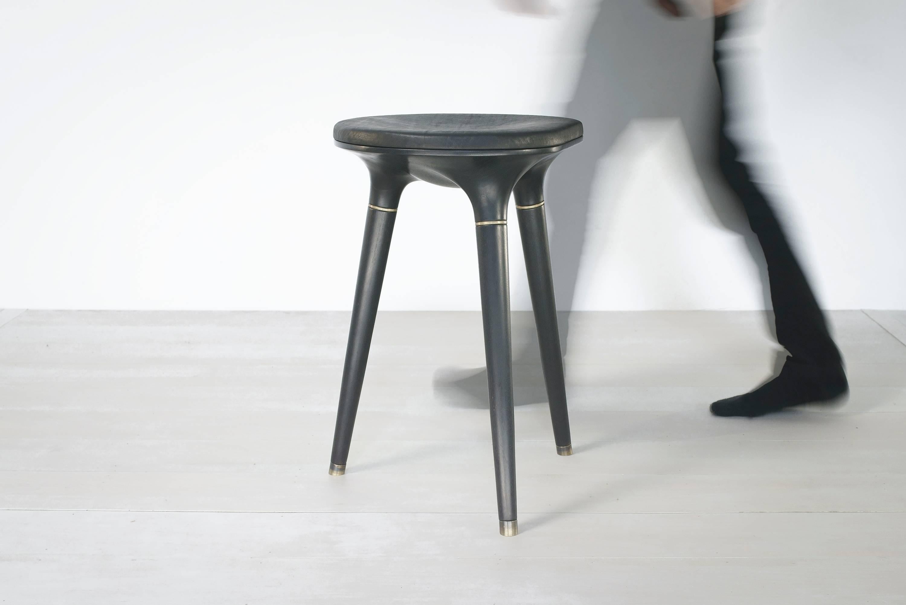 Turned Contemporary Stool in Carved Walnut, Brass and Leather For Sale