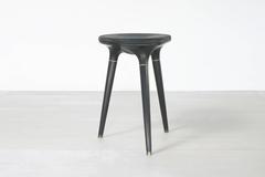 Contemporary Stool in Carved Walnut, Brass and Leather