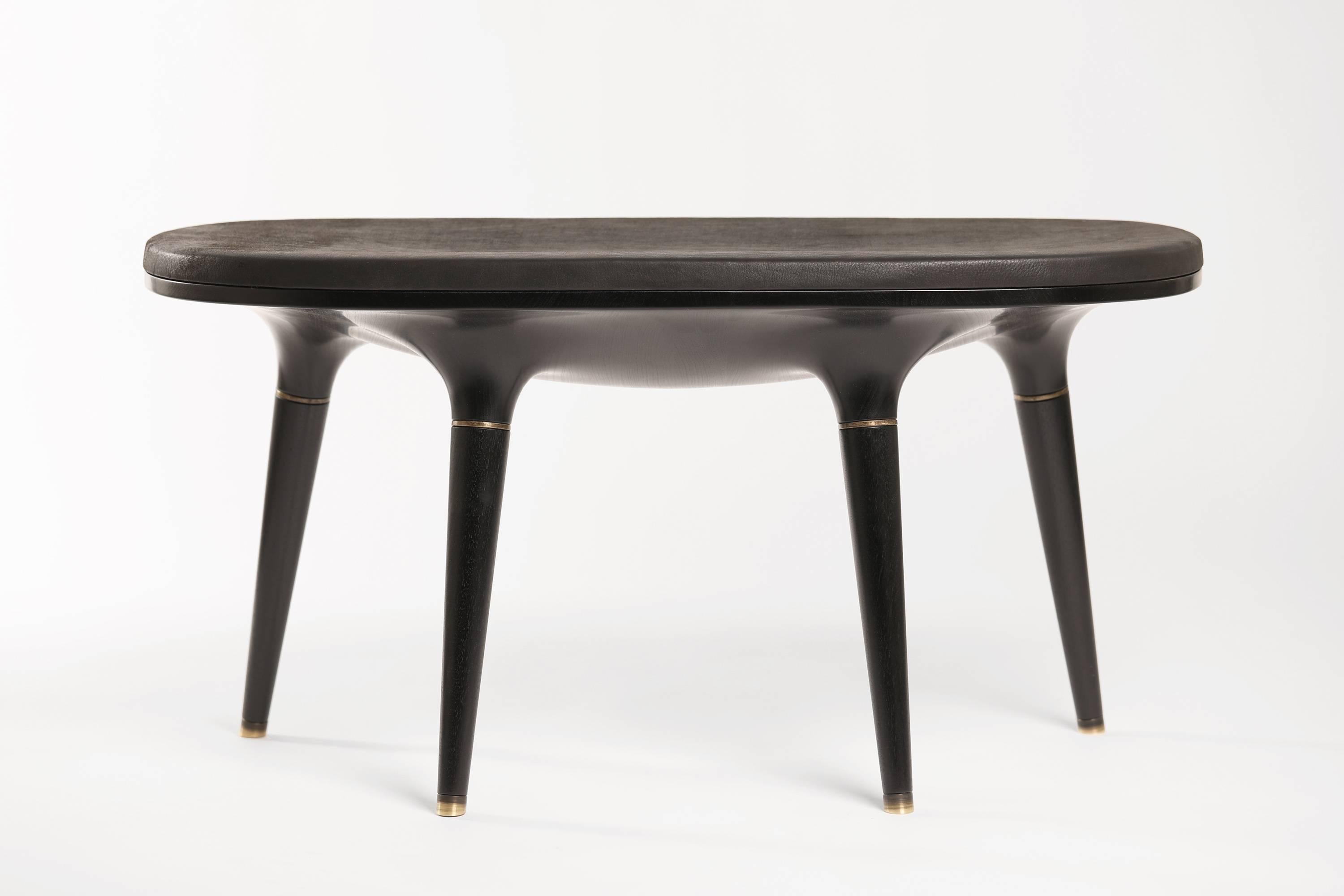 Ebonized Bench001 from series 001 by Vincent Pocsik.

Carved walnut bench with leather cushion top and brass accents. Shown here in ebonized finish.

Vincent Pocsik finds the balance between old and new fabrication techniques working in conjunction