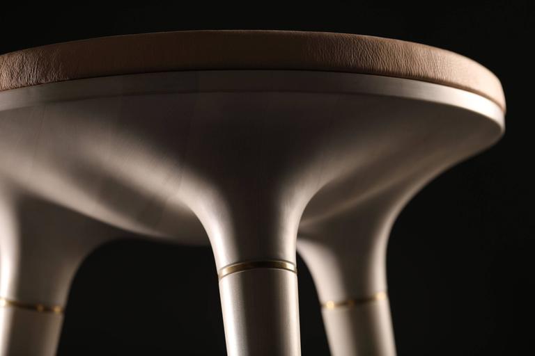 Organic Modern Contemporary Stool in Carved Maple, Brass and Leather For Sale