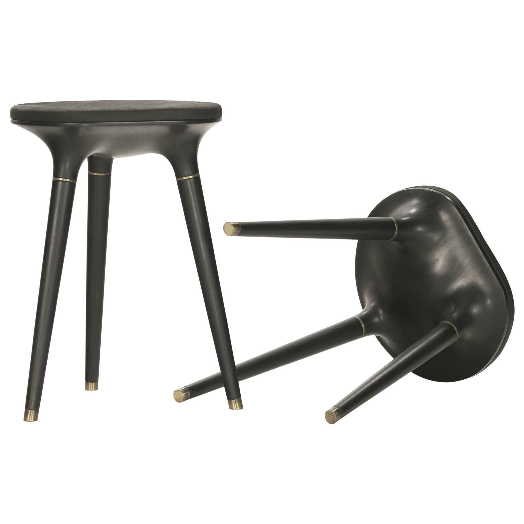 Contemporary Stool in Carved Walnut, Brass and Leather, Set of Five